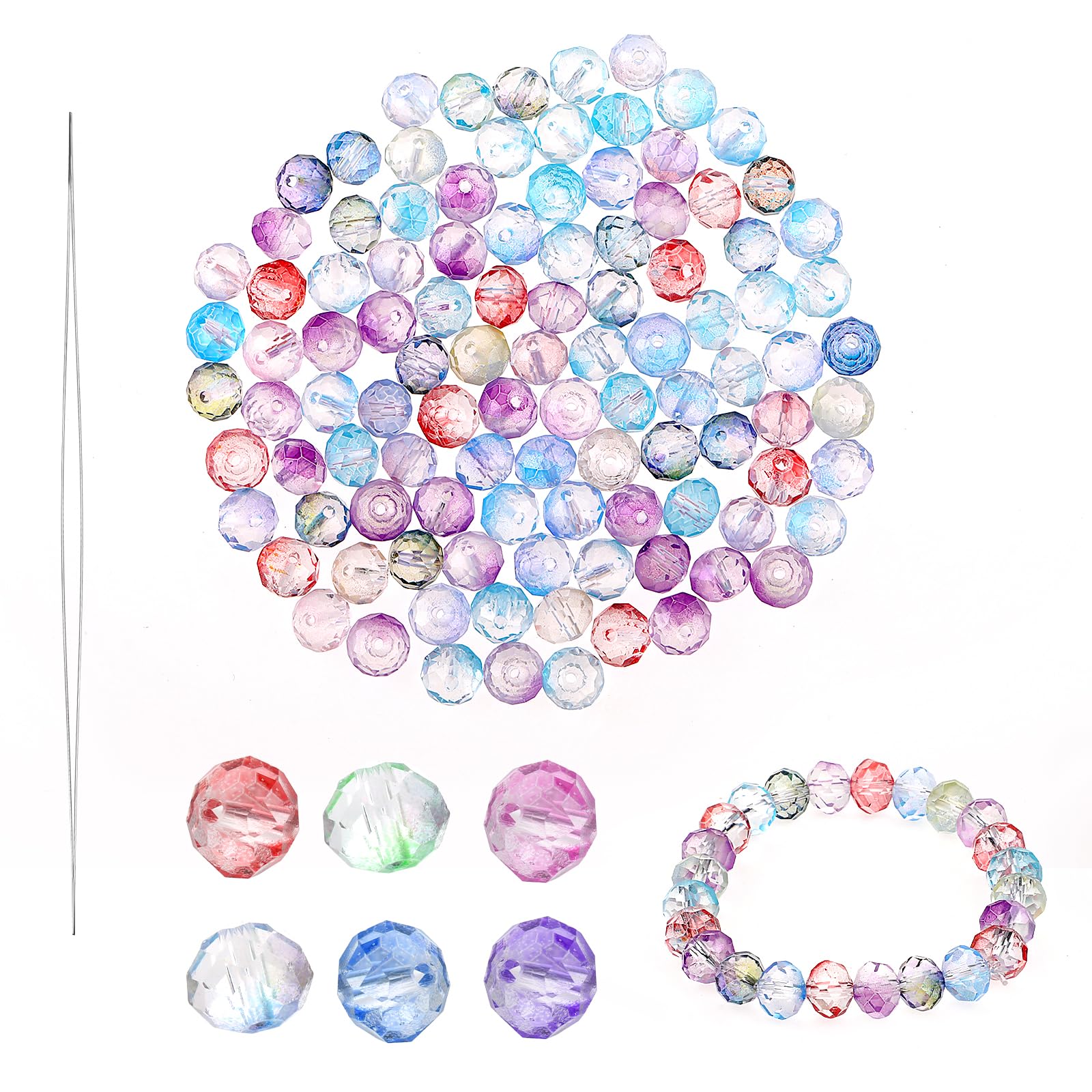 100pcs Faceted Glass Beads Crafting Beads Crystals for Bracelet Making with Holes, Mixed 8m Assorted Glass Beads for Jewelry Earring Necklace DIY Crafts Making, 1 Beading Needle