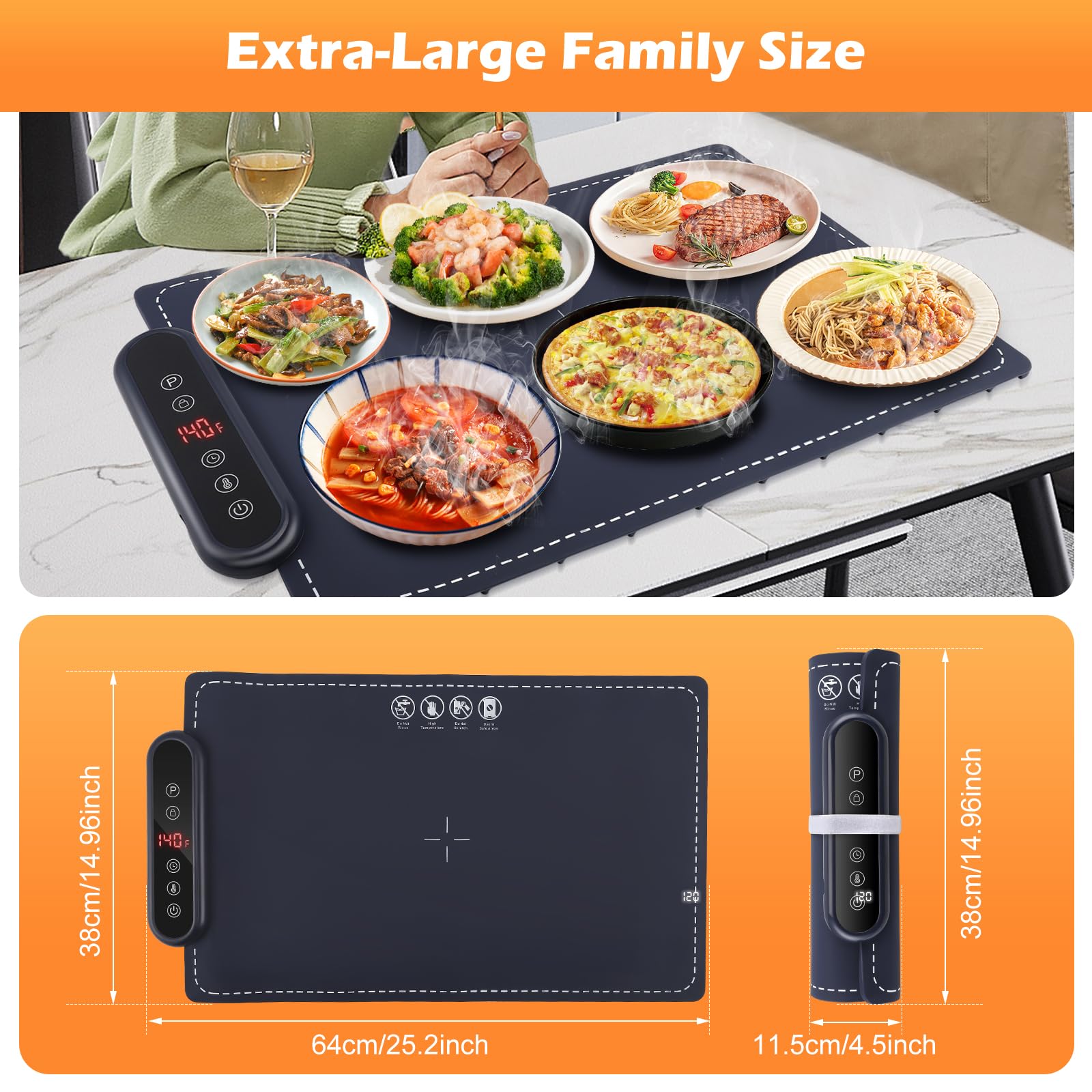 Chauffe Plat Électrique avec 6 Temp（50-100 °C), Laque Chauffante électrique Portable pliable en Silicone Affichage ℃/℉ Facile à Nettoyer pour Buffet, fête, Décongélation, Réceptions Garder au ChaudZ