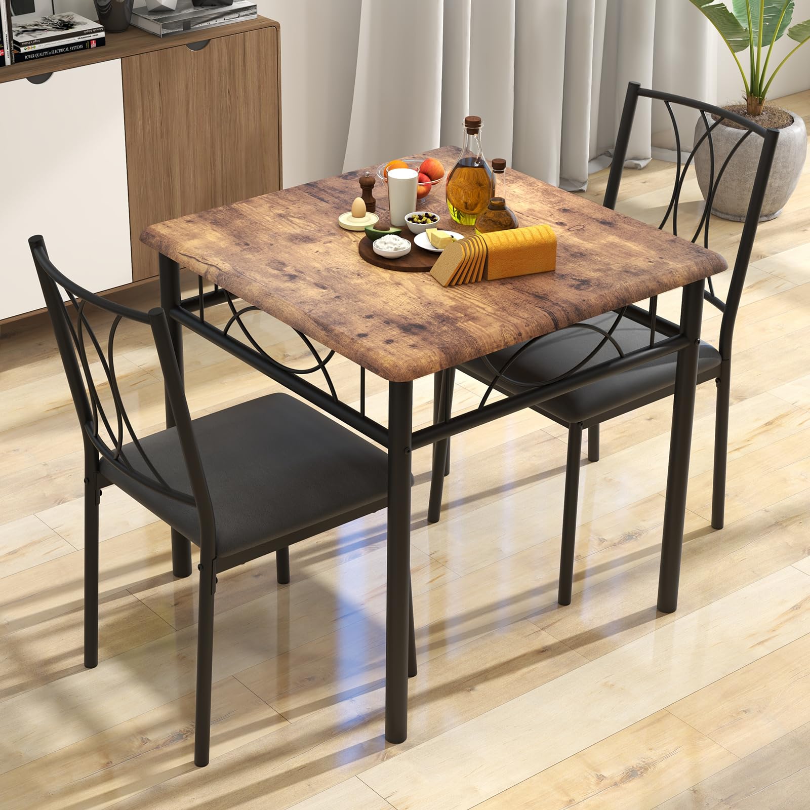 Ensemble De Salle à Manger Gain De Place 3 Pièces - Table Carrée Design Double Bois & Métal + 2 Chaises Rembourrées - Style Rustique Brun