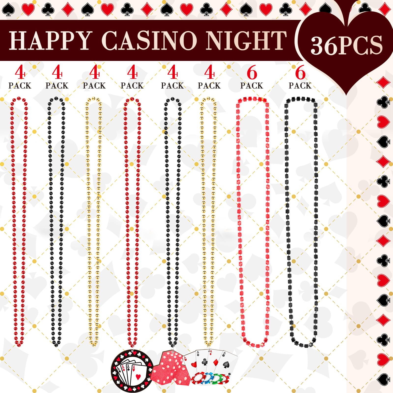 Relaxgiant 36 Pcs Casino Night Beaded Necklaces Bulk 3 Types Poker Dice Sign Necklaces Casino Party Favors Las Vegas Game Night Decorations, Red Black Gold