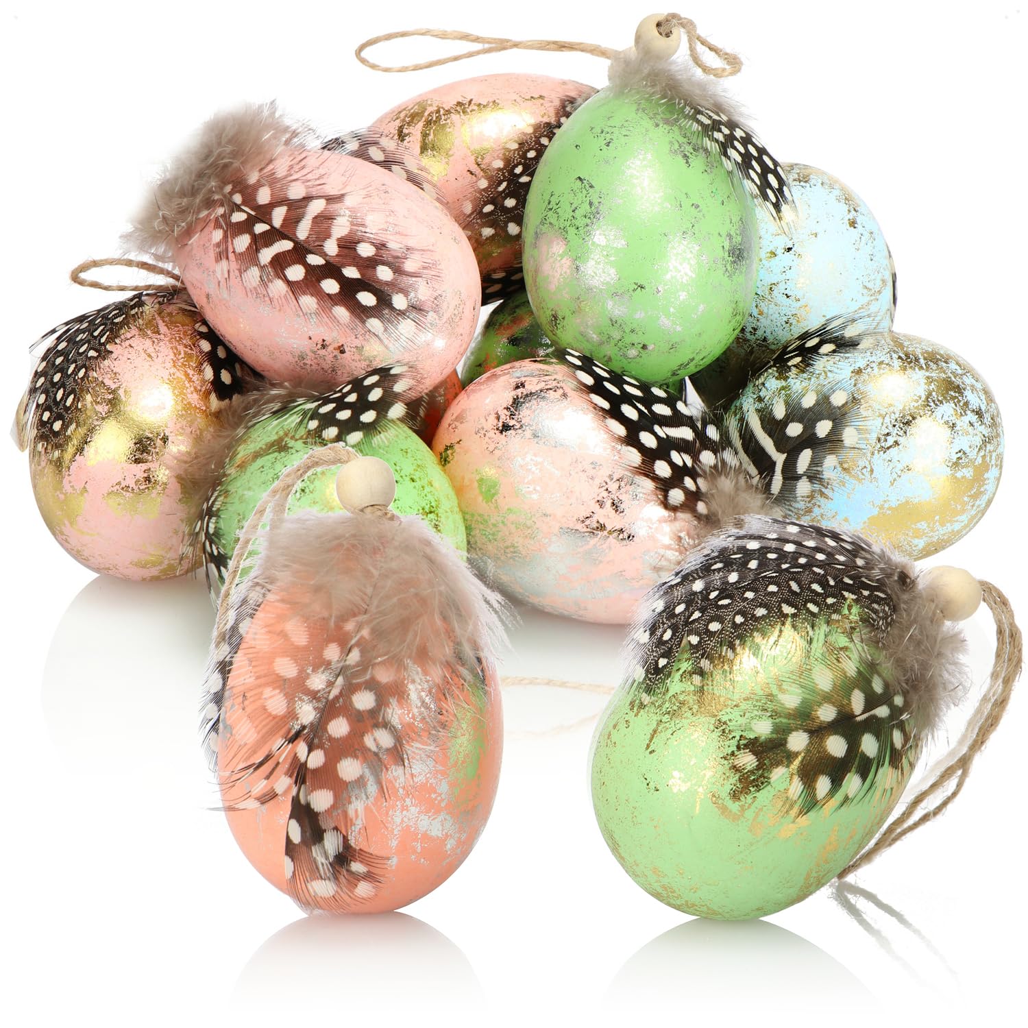 com-four® 12x Ostereier zum Anhängen 7 x 4 cm - Elegante Hängedeko für den Osterstrauch - Ostereier mit Federn und Holzperle in Glanz-Optik - Deko-Eier aus Kunststoff