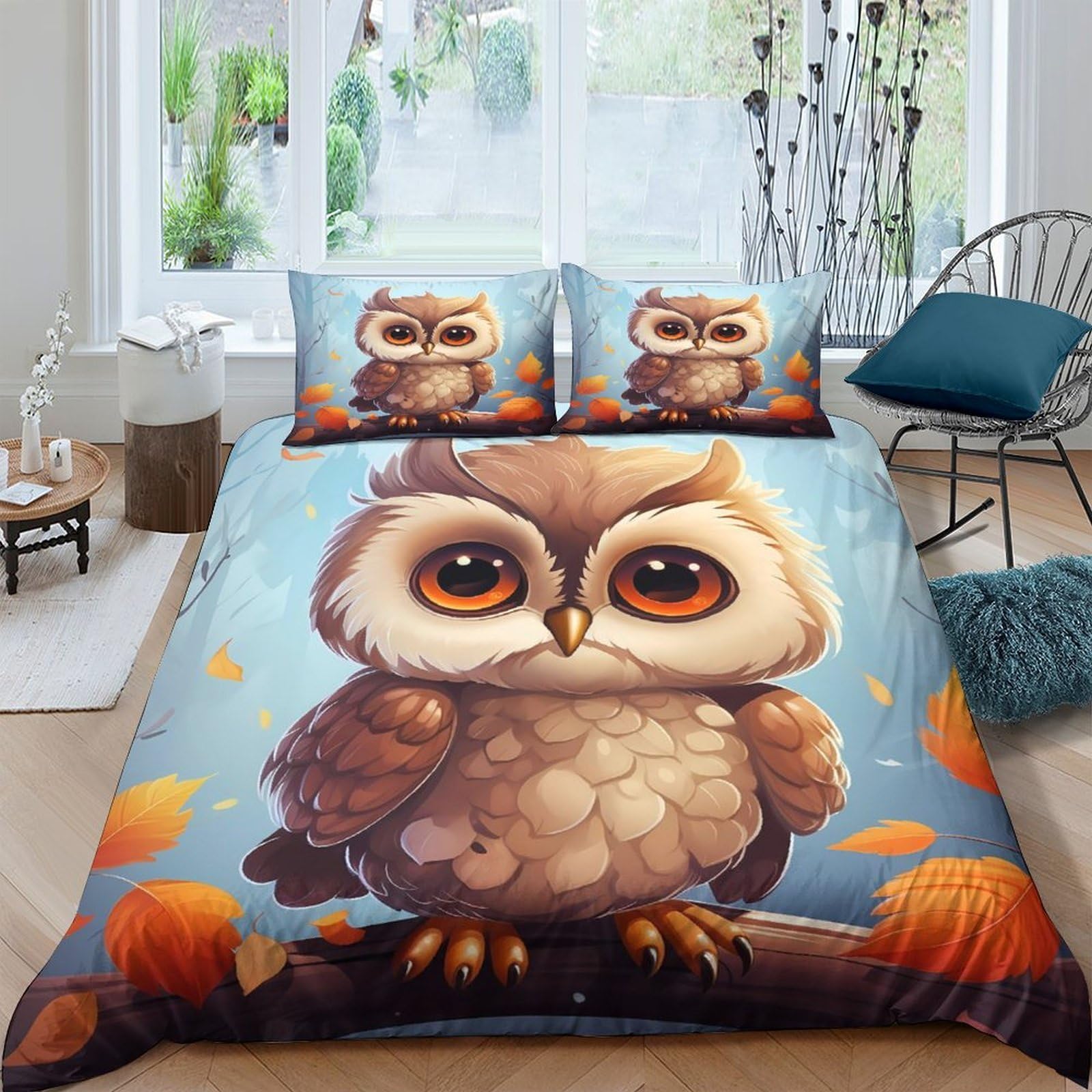 Ctjqhvkz Style-4 3D Printed Cute Owl Fitted Sheet Microfiber Soft Autumn Leaves Mattress Cover For Bedroom Dorm Easy Care Single（135X200cm）
