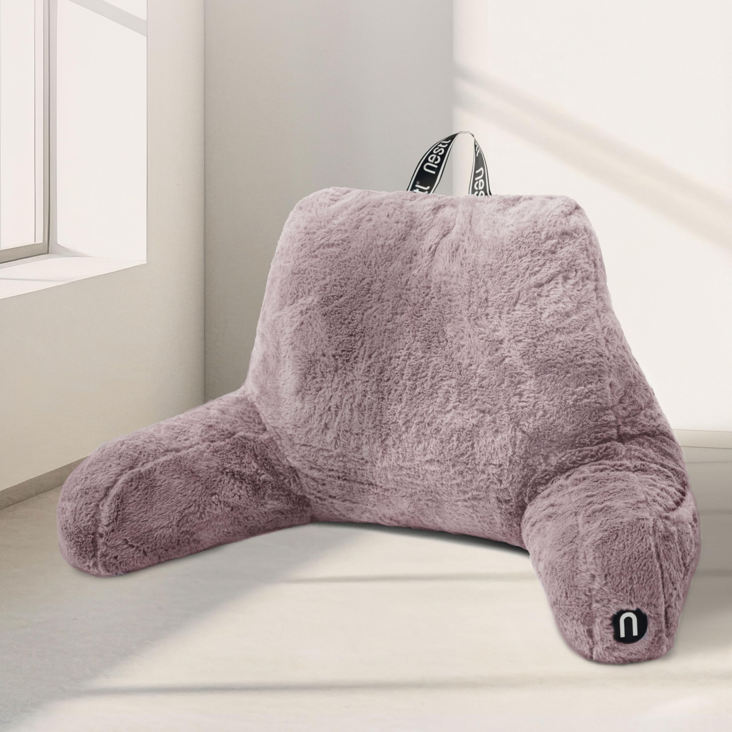Nestl Fur Reading Pillow, Stylish Back Pillow for Bed Sitting Up, Faux Fur Bed Chair Pillow with Arms, Reading Pillows for Sitting in Bed Adult & Kids, Back Support Pillow for Bed Rest - Dusty Purple