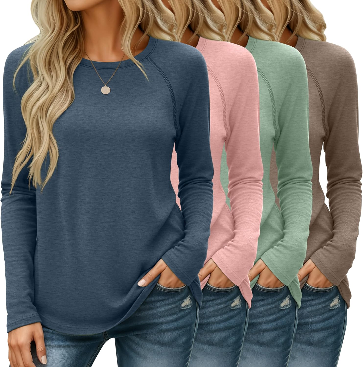 Huukeay 4 Pack Women's Long Sleeve Shirts, Casual Crew Neck Raglan Tunic Tops Fall Loose Side Split Tees Curved Hem Pullovers