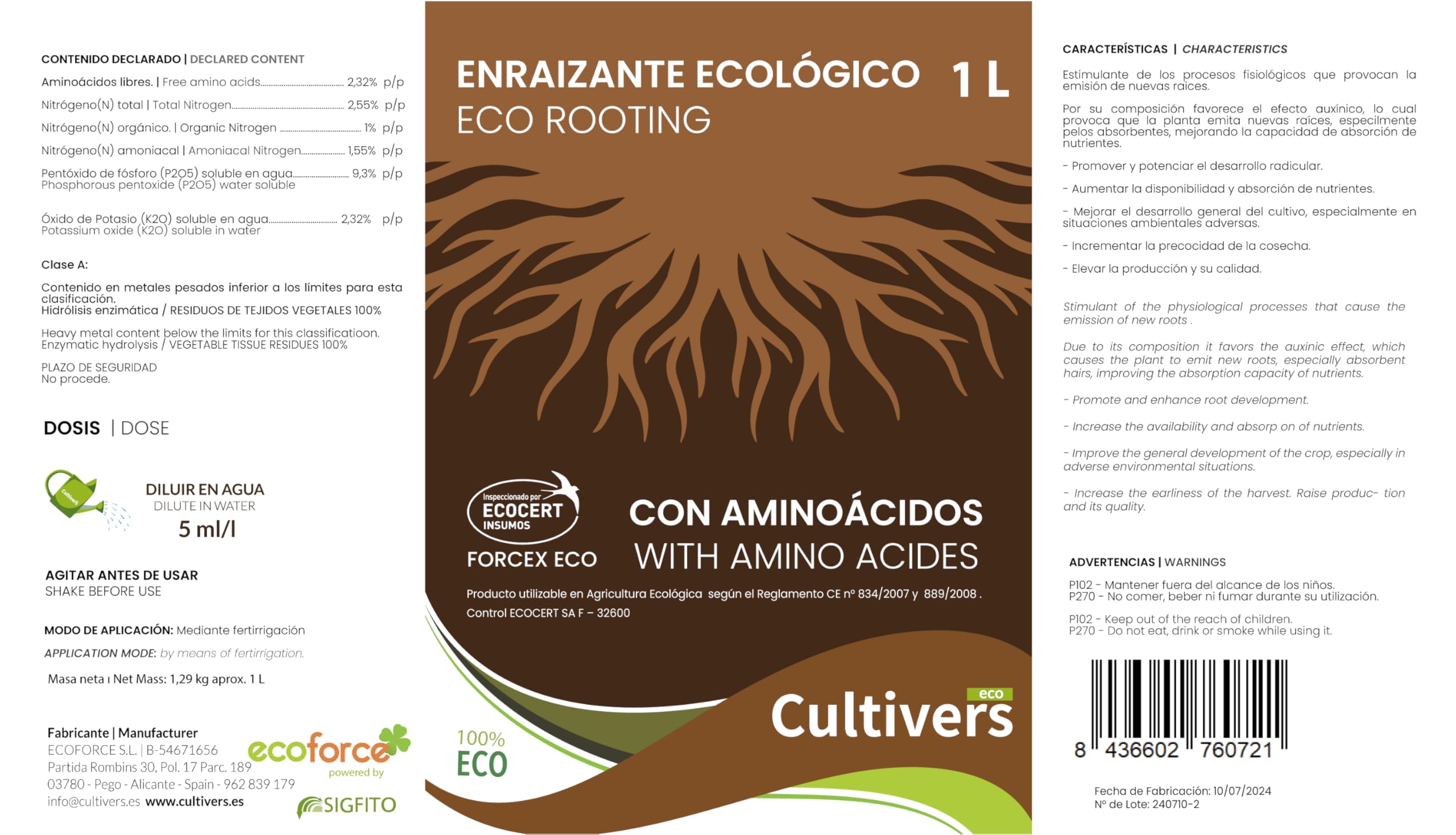 CULTIVERS Enraizante Ecológico 1 L hormonas de enraizamiento naturales para esquejes, árboles, plantas y transplantes