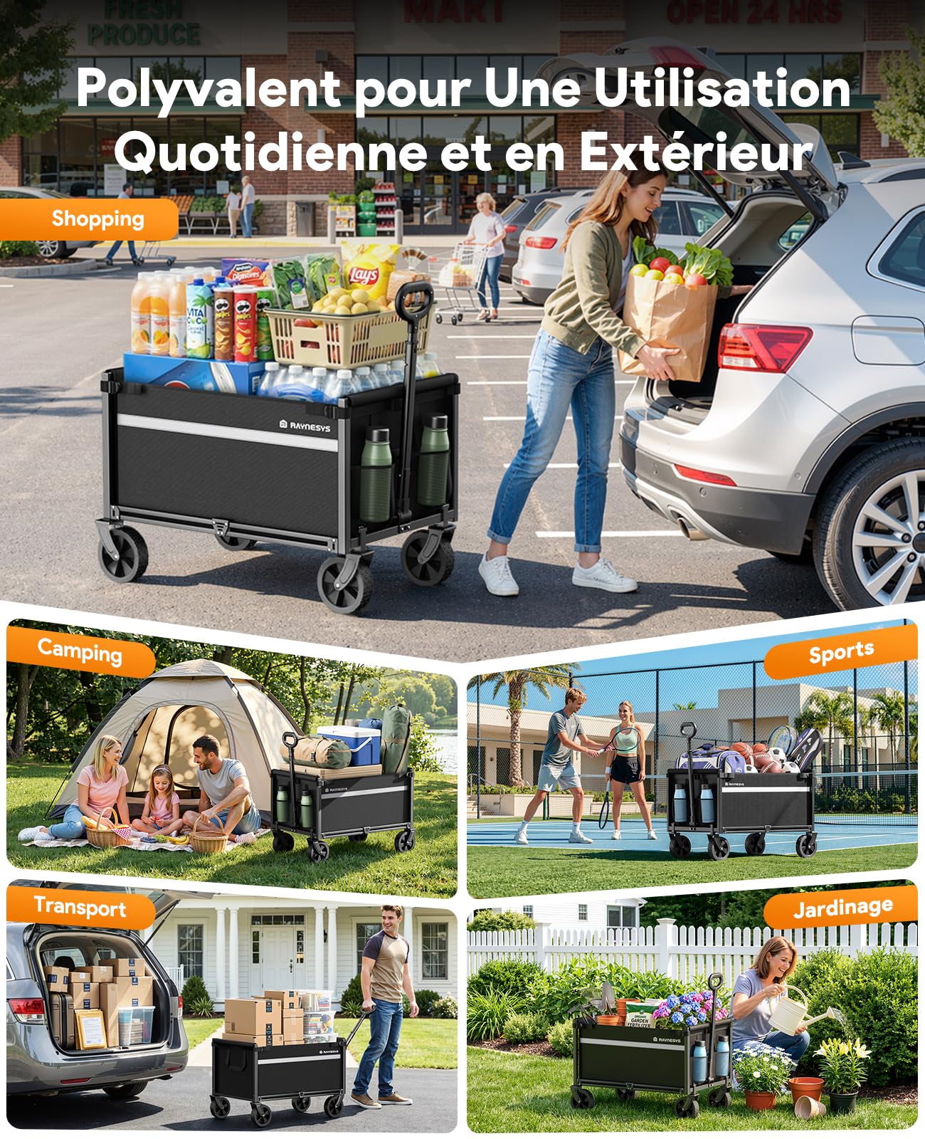 Chariots Pliables, Chariot Pliant de 330 Livres, Chariots Pliables Robustes avec roulettes, Chariot Utilitaire Portable pour Camping Courses Sport Jardin Shopping, Noir Clair