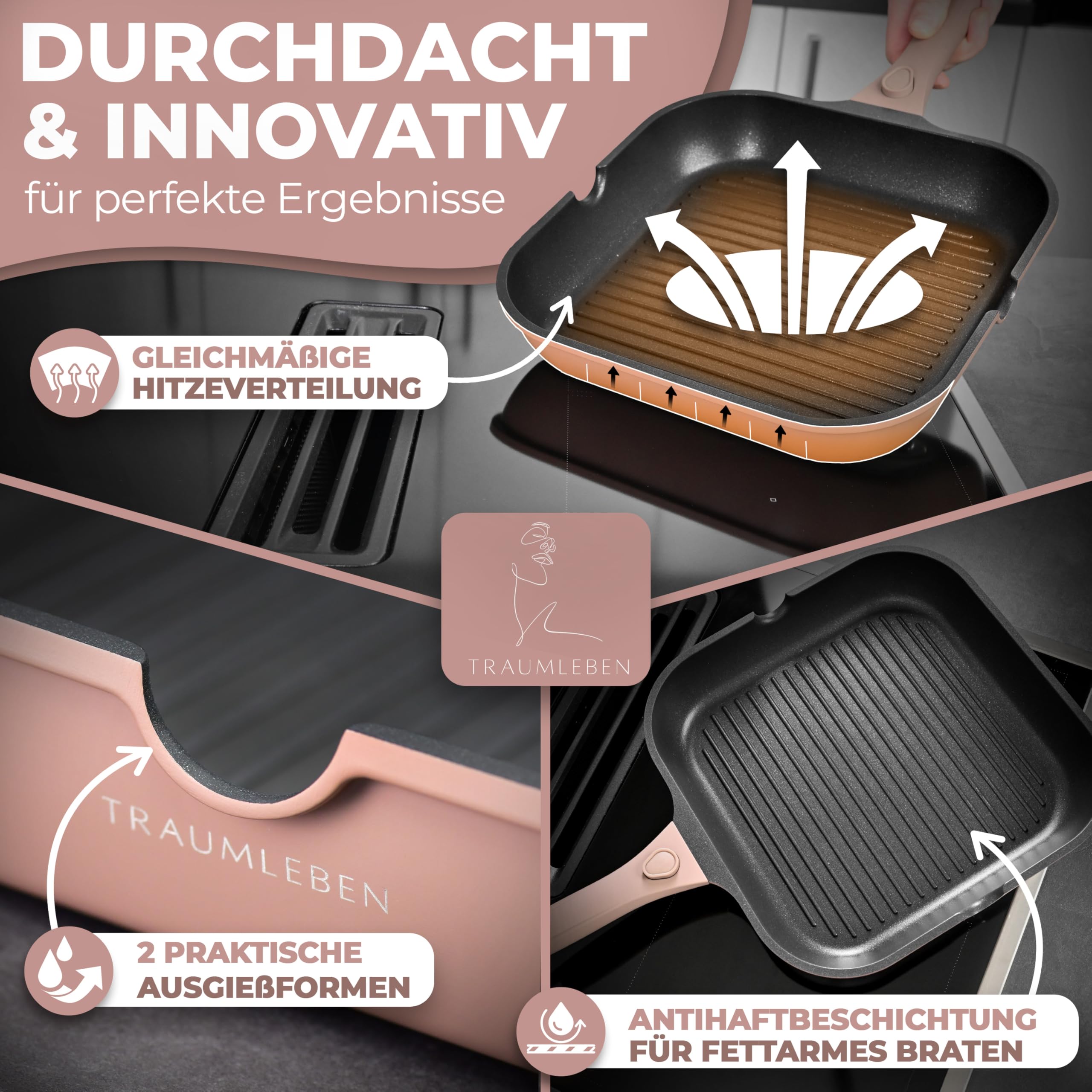 TRAUMLEBEN Grillpfanne 28 cm mit Ausguss & abnehmbarem Griff (Rosa) | Antihaftbeschichtung, PFOA-frei, für Induktion geeignet, backofenfest, Steakpfanne