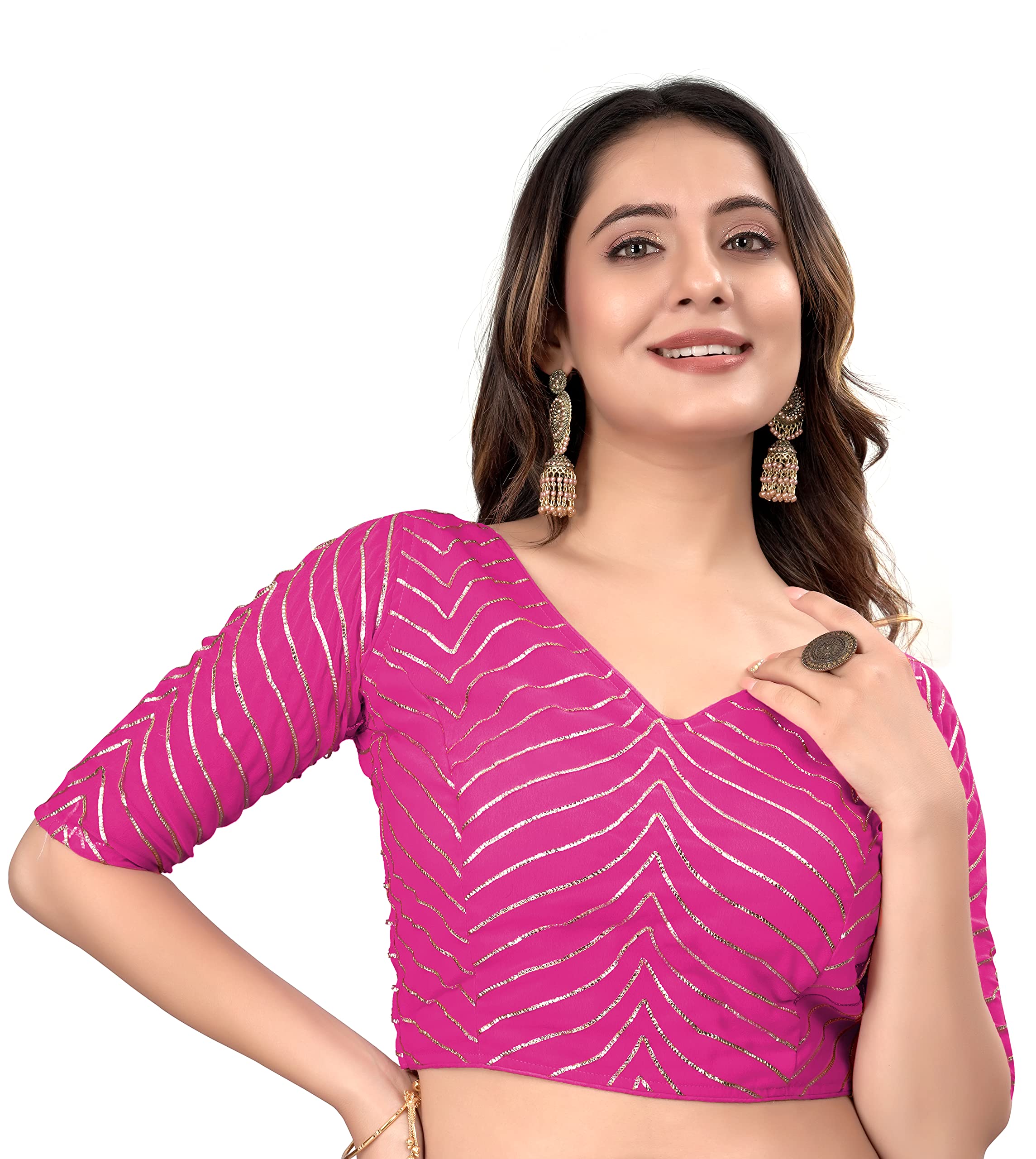 vihu fashion Womens V Neck Half Sleeve Georgette Gotta Patti Work Blouse Readymade| Size : 38 | Ocassion : Wedding Reception Party-picture-32