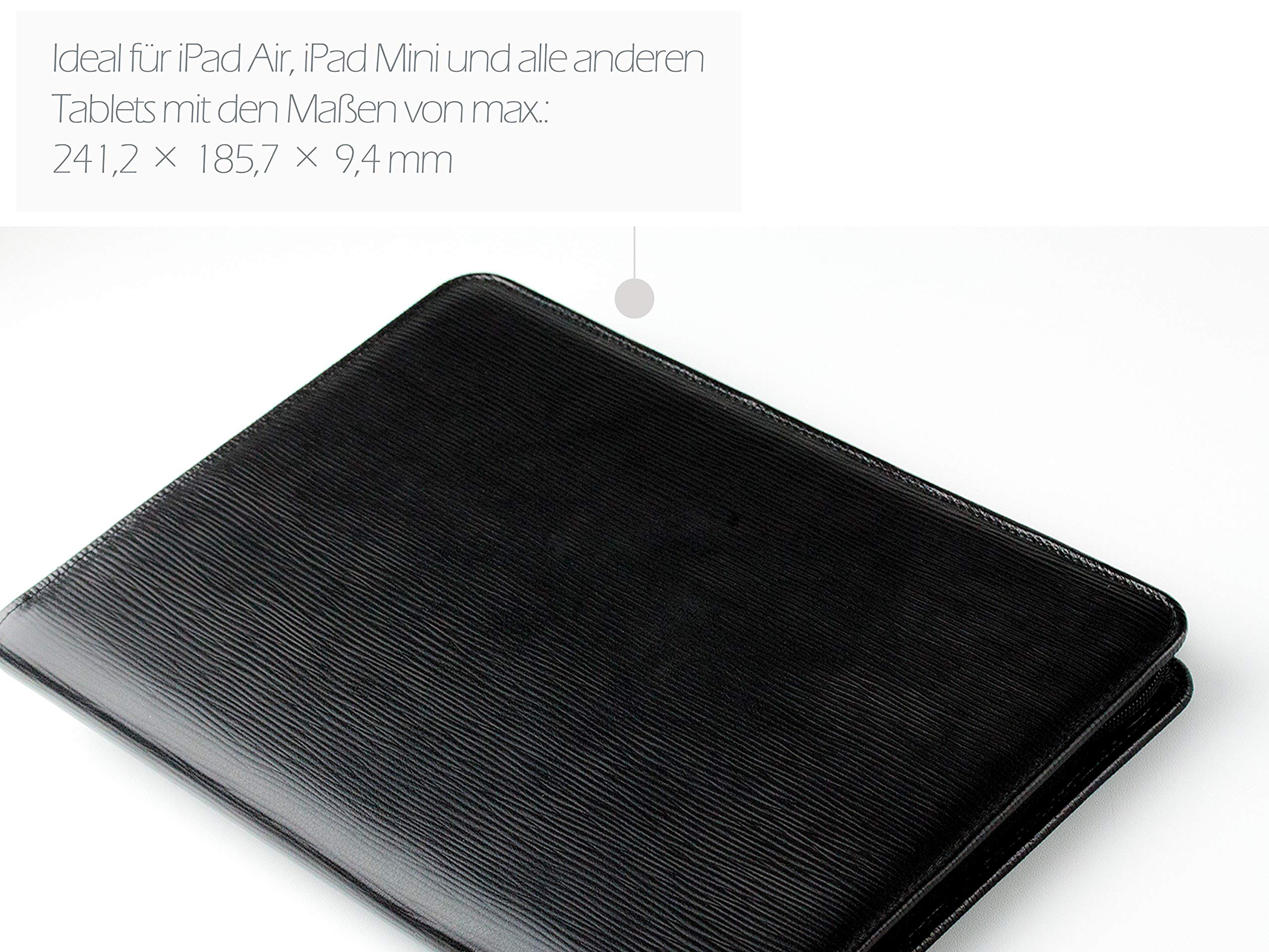 DELMON VARONE - Personalisierbare Tablet Schreibmappe DIN A4 aus Premium Manhattan Leder schwarz, Organizer Konferenzmappe mit Notizblock und Stiftschlaufe, Dokumentenmappe mit Reißverschluss