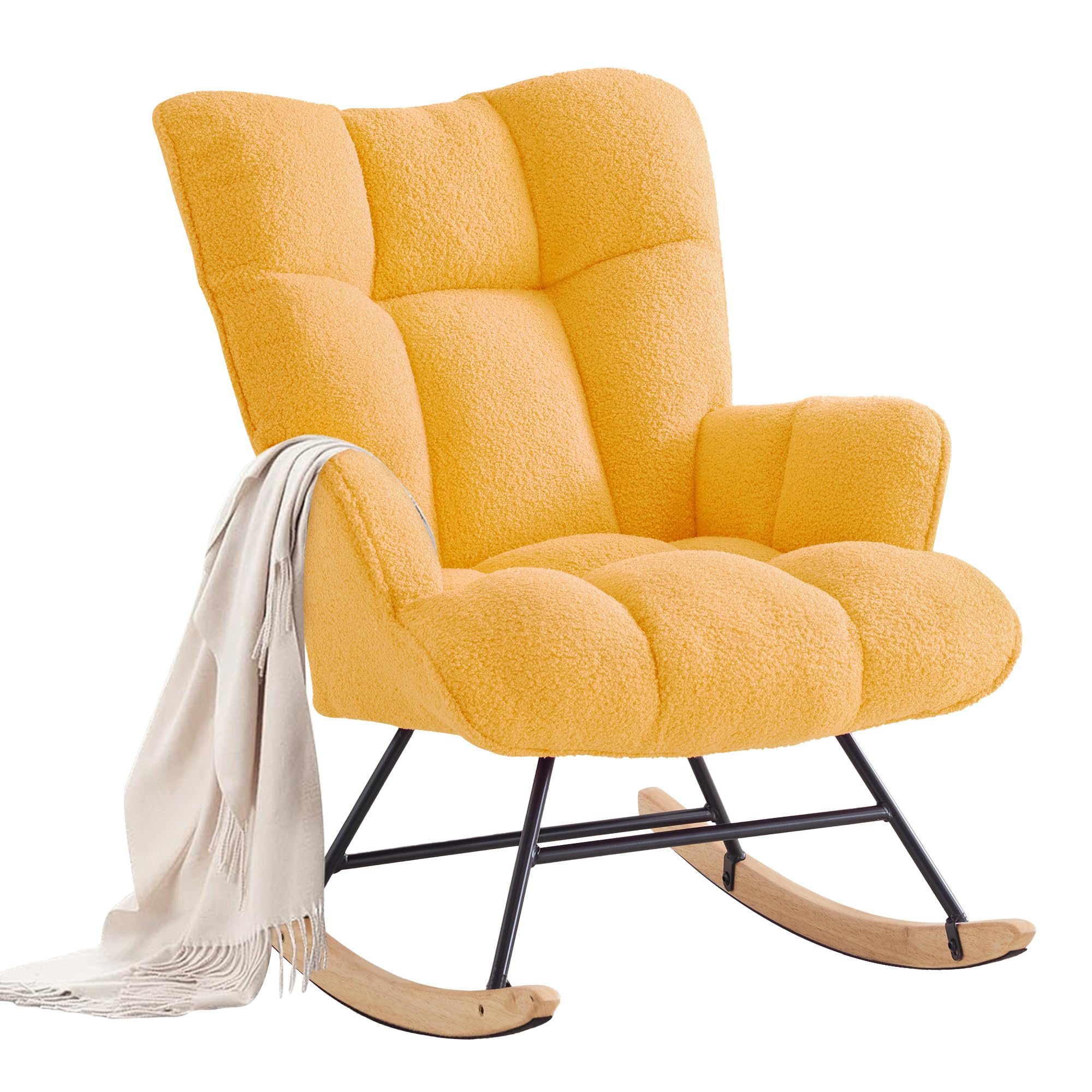 XH.Easy Go Rocking Chair Nursery Teddy Upholstered Glider Rocking Accent Chairs Padded Seat with Rubber Wood Legs Armchair Comfy Side Chair for Living Room Bedroom Offices (Yellow Teddy) — image 1
