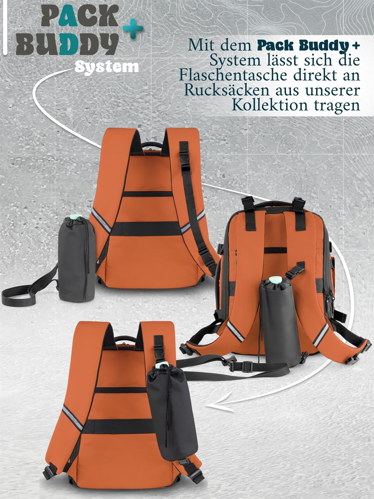 normani Handgepäck Reise-Rucksack 40x25x20-30 cm fürs Flugzeug vergrößerbar Cabin Bag mit zusätzlichen Taschen Orange mit Flaschentasche ONESIZE
