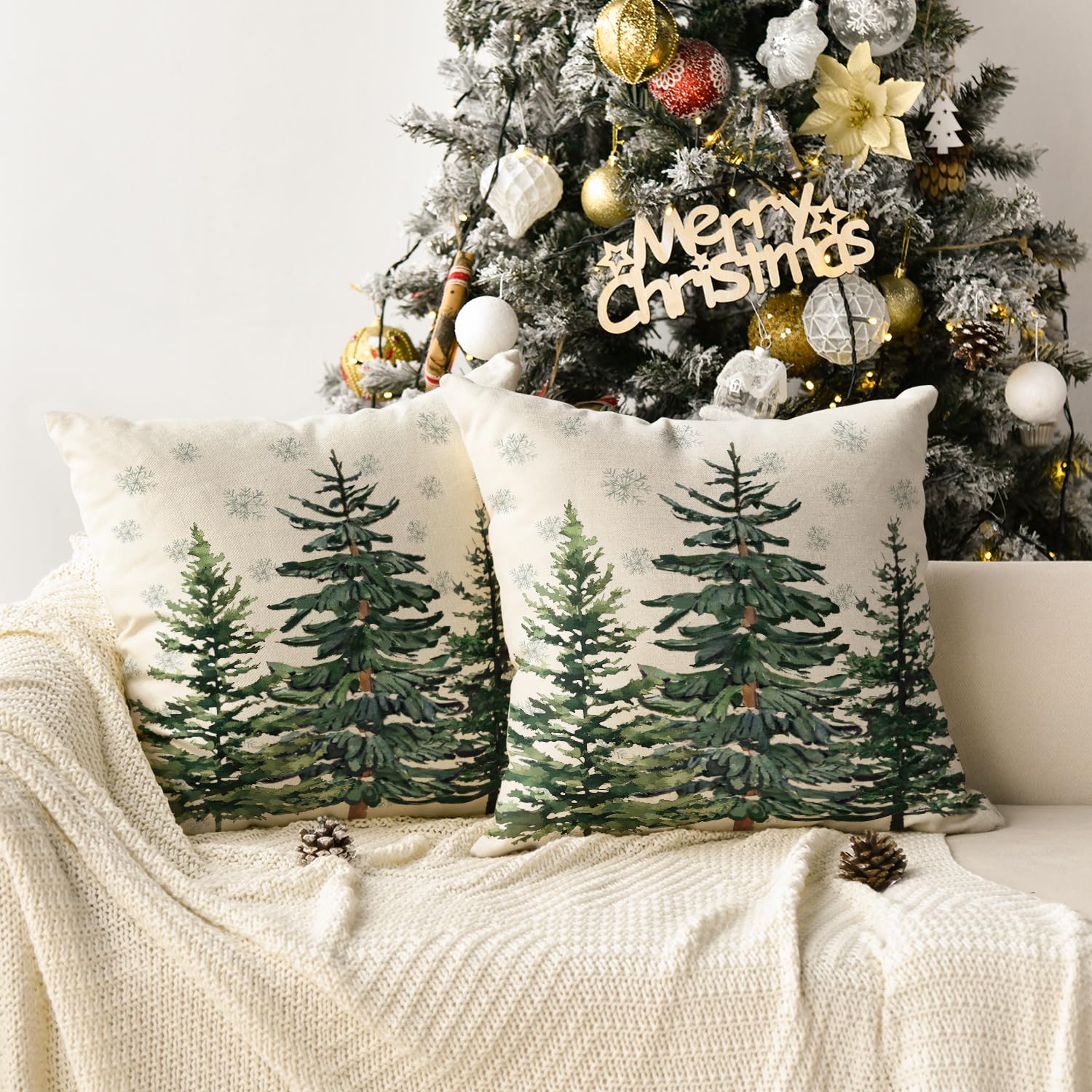 Juego de 2 fundas de almohada con diseño de árboles de Navidad, copos de nieve, 18 x 18 pulgadas, decoración de fundas de cojín de invierno para sofá 3