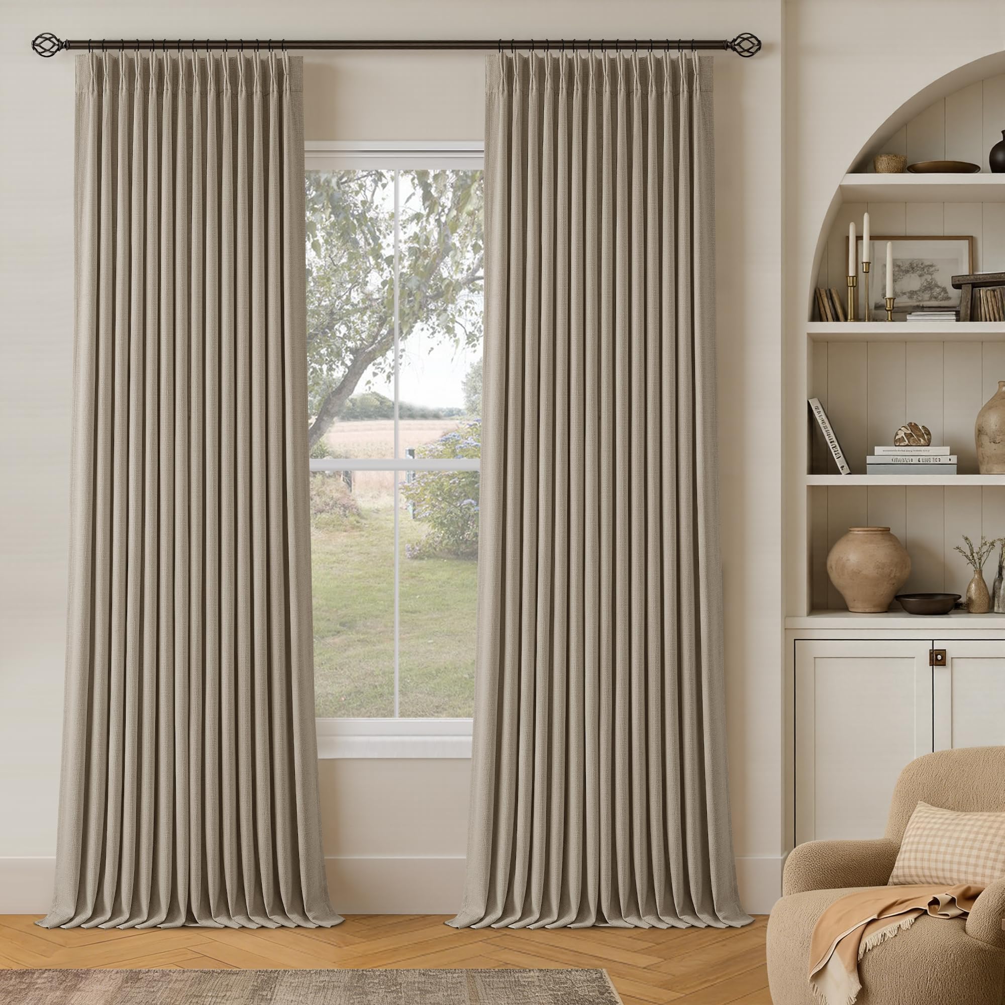 TWODRAPES Greige Flax Linen Pinch Pleated Blackout Curtains 86 Inches Long
