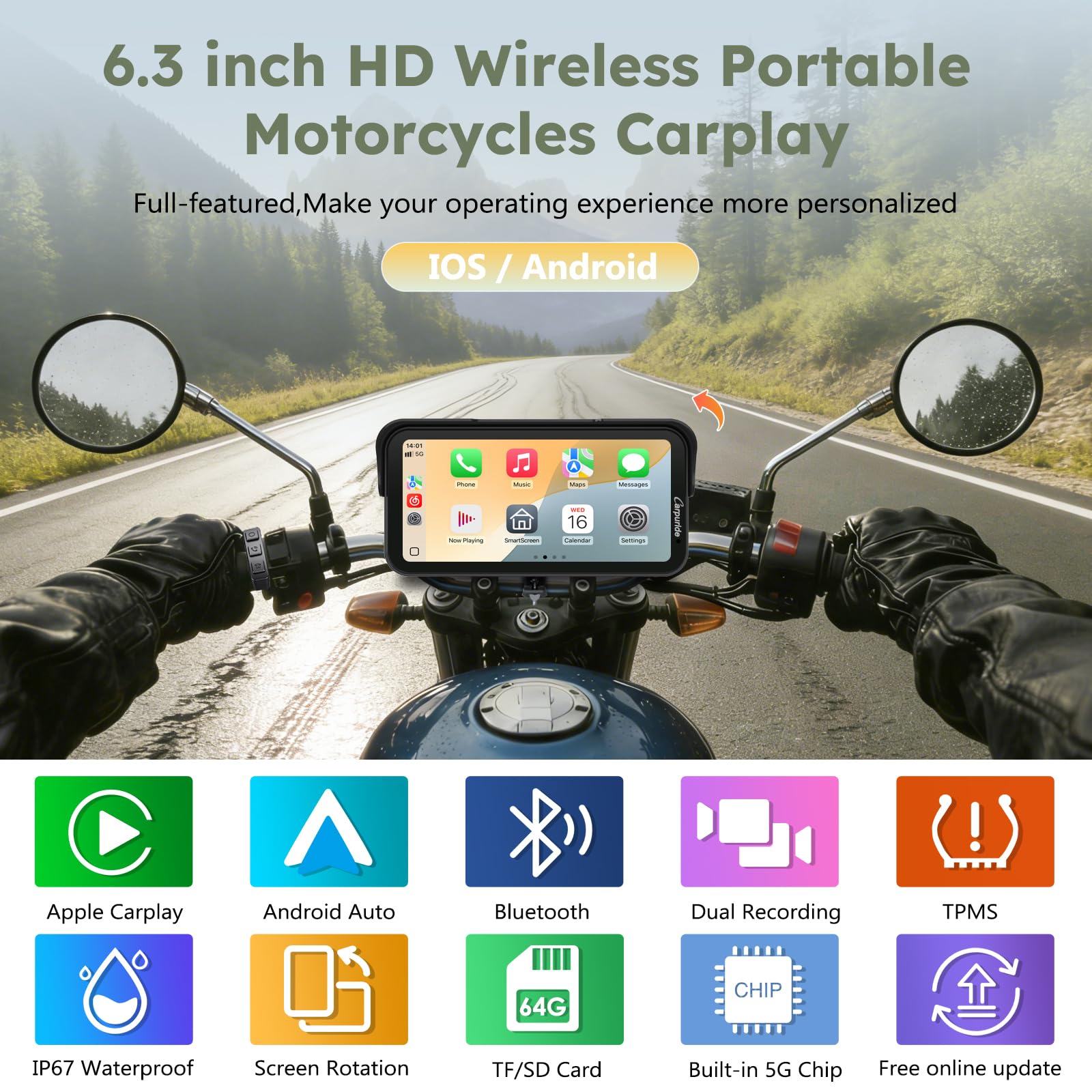 Carpuride Schermo da moto GPS carplay da 6.3 pollici senza fili CarPlay e Android Auto per Moto, con doppia fotocamera e TPMS, telecomando, IP67 impermeabile, BT Aduio, registrazione loop
