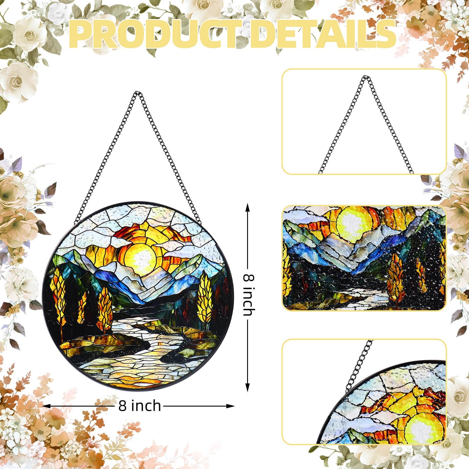 Buntglas-Fensterbehang, 20,3 cm, Sonnenuntergang, Berge, See, Baum, Sonnenfänger, Diamantglasscheibe, Landschaft, Sonnenfänger für Heimdekoration, Geschenk für Frauen, Ehefrau, Mutter, Weihnachten