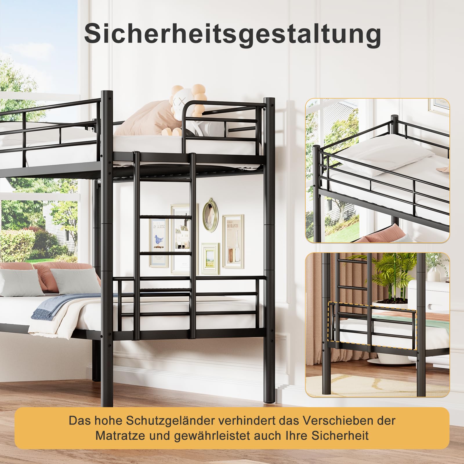 Letto a castello 90 x 200 cm, letto a castello in metallo può essere diviso in due letti singoli, letto a castello con scala e protezione dalle cadute per ragazzi e adulti, nero