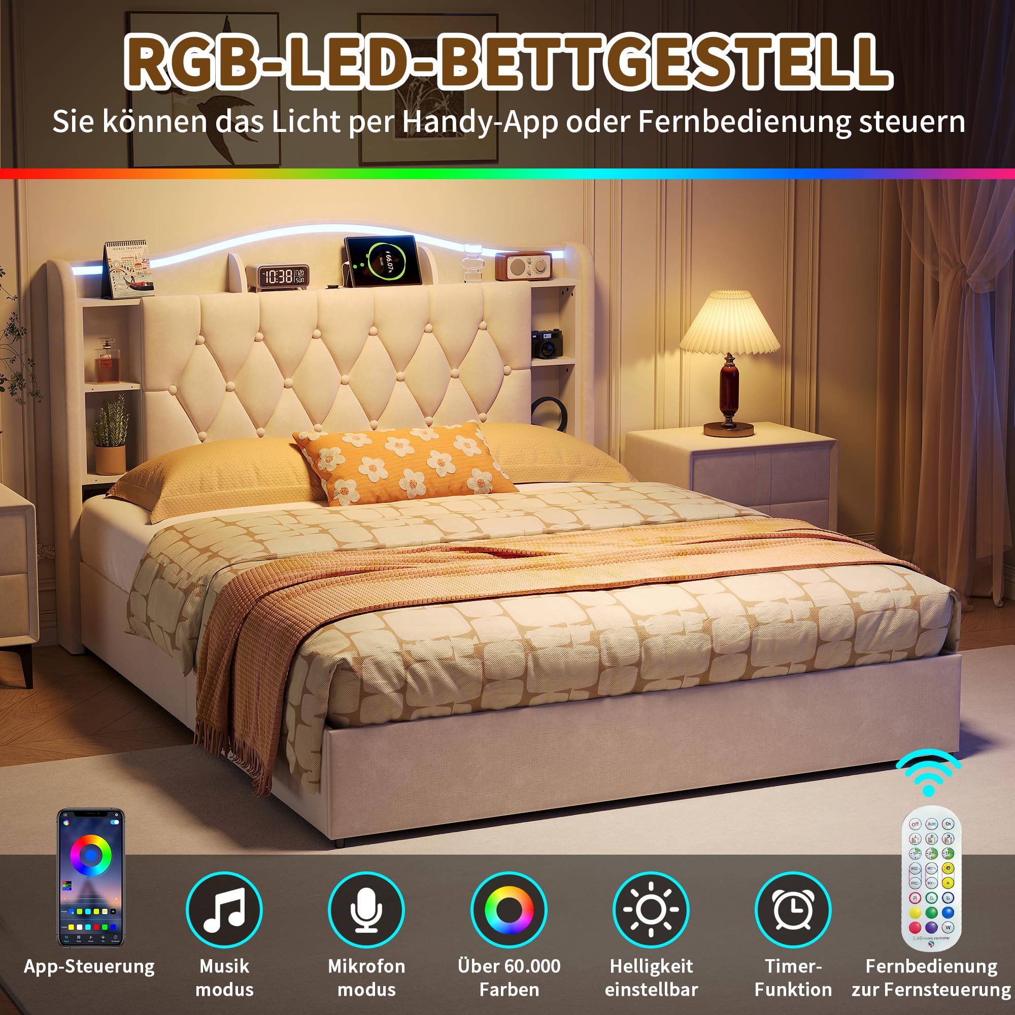 BRILVERDE Łóżko tapicerowane 160 x 190 cm, z miejscem do przechowywania, podwójne łóżko z diodami LED/USB, rama łóżka ze stelażem i zagłówkiem, łóżko młodzieżowe dla dorosłych i młodzieży, aksamitne