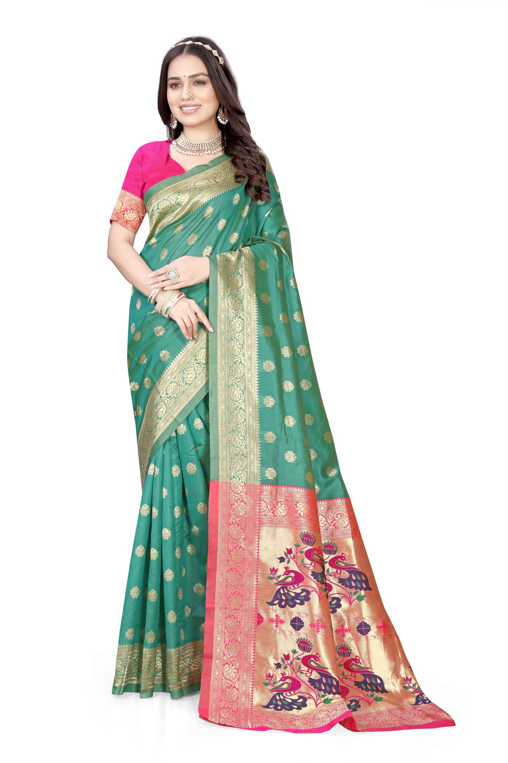 Sugathari Women's Banarasi Saree Pure Paithani Kanjivaram Silk Soft New Ladies 2024 Design Wear Sarees Latest Cotton Party Sari Collections With Blouse Piece For Wedding Sadi (Pari-205 Aqua Green)
