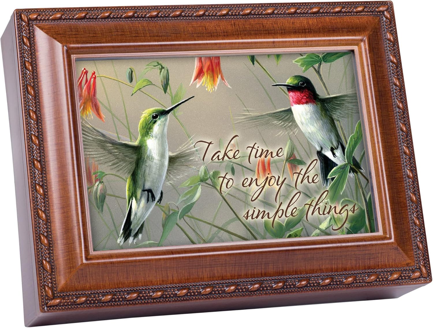 Cottage Garden Hummingbirds Simple Things Woodgrain Rope Trim Jewelry Music Box Plays Tune How Great Thou Art