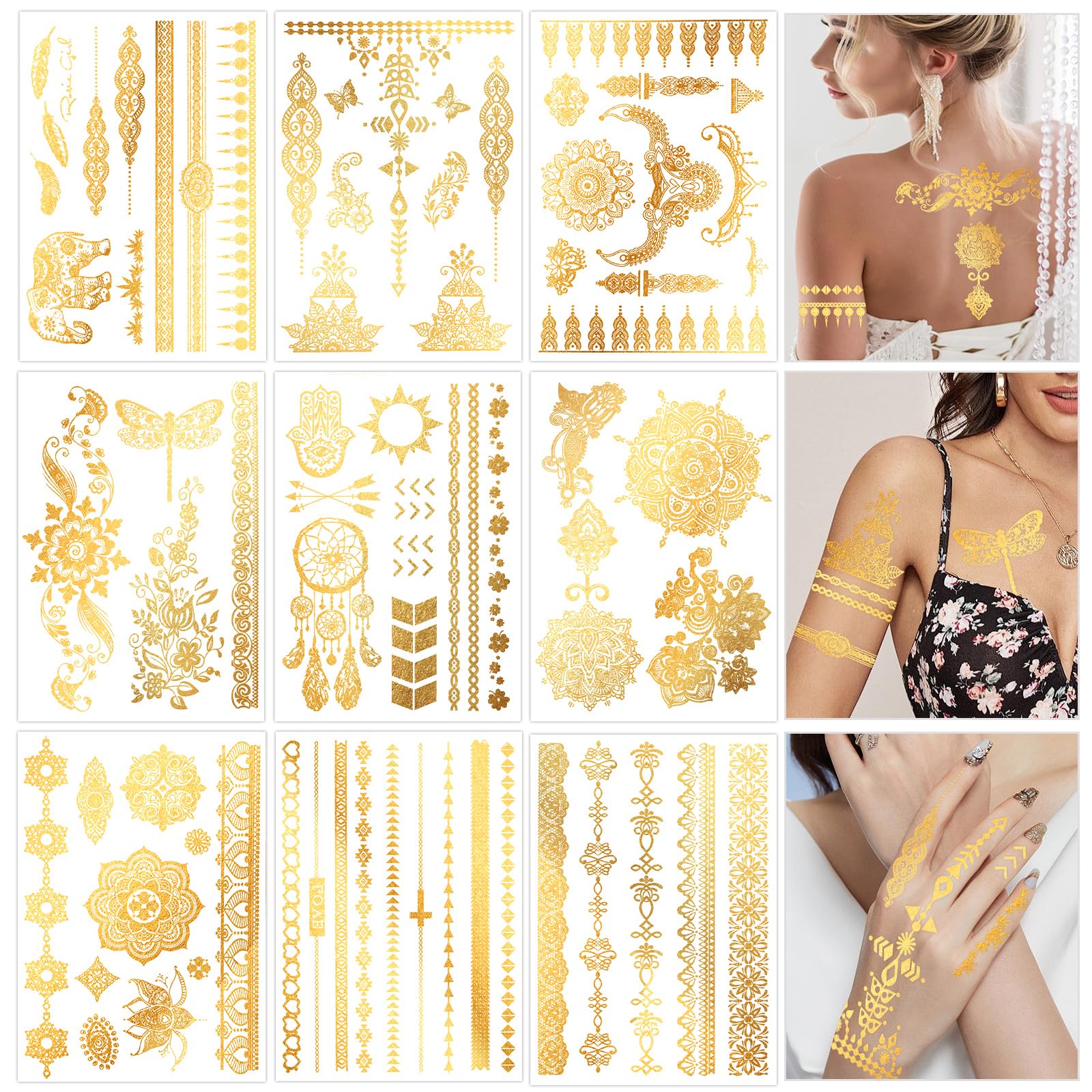 Konsait 9 Sheets Metallic Tattoos, Elaborate Floral Elephant Patterns Metallic Temporary Tattoos for Women Girls, Gold Tattoos for Parties Makeup Cosplay Festival Accessories
