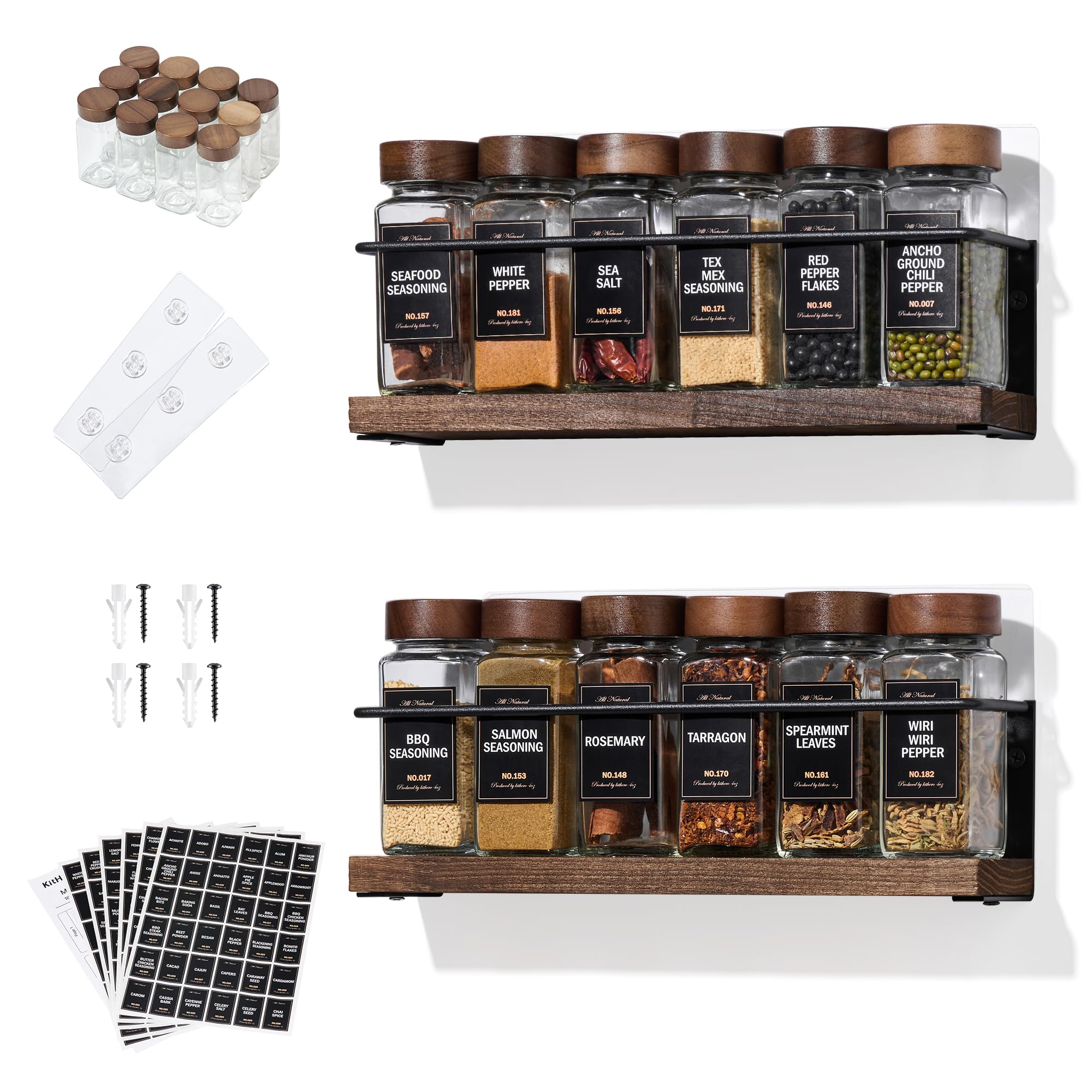 2-stöckiges Wand-Gewürzregal mit 12 Gläsern, 216 Etiketten & Trichter, Schraub-/Klebemontage, Schwarz Metall & Holz, Aufbewahrung für Küche, Vorratsschrank, 29,5 x 6,1 x 8,1 cm