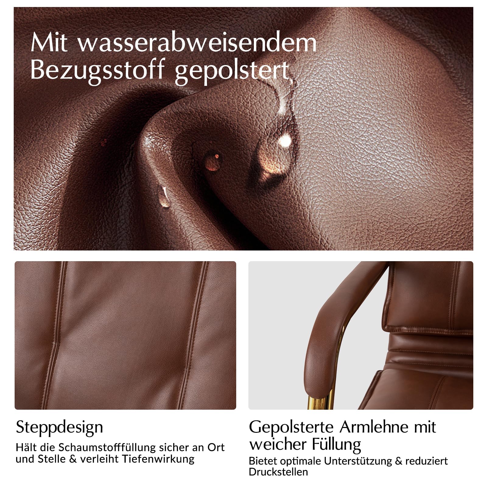 HULALA HOME Moderner Bürostuhl mit Armlehnen höhenverstellbarem Schreibtischstuhl Drehstuhl aus Kunstleder mit 5-Rad-Rolle stabile Metallbasis, Braun