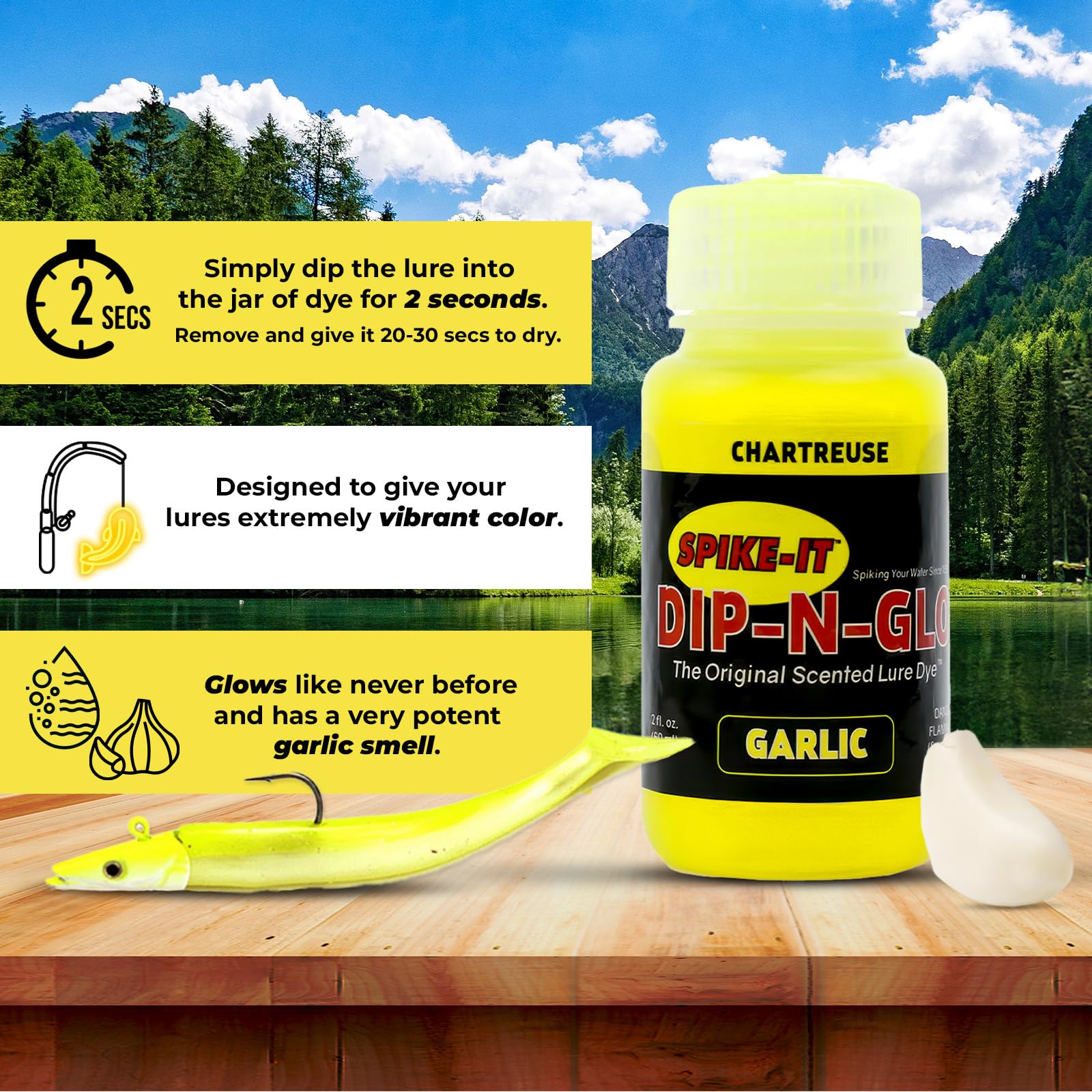 Spike It Softbait Dip-n-Glo Garlic Scented Lure Dye | Vibrant Chartreuse Color | Fishing Worm Paint for Soft Plastic Lures | 2 Oz Bottle