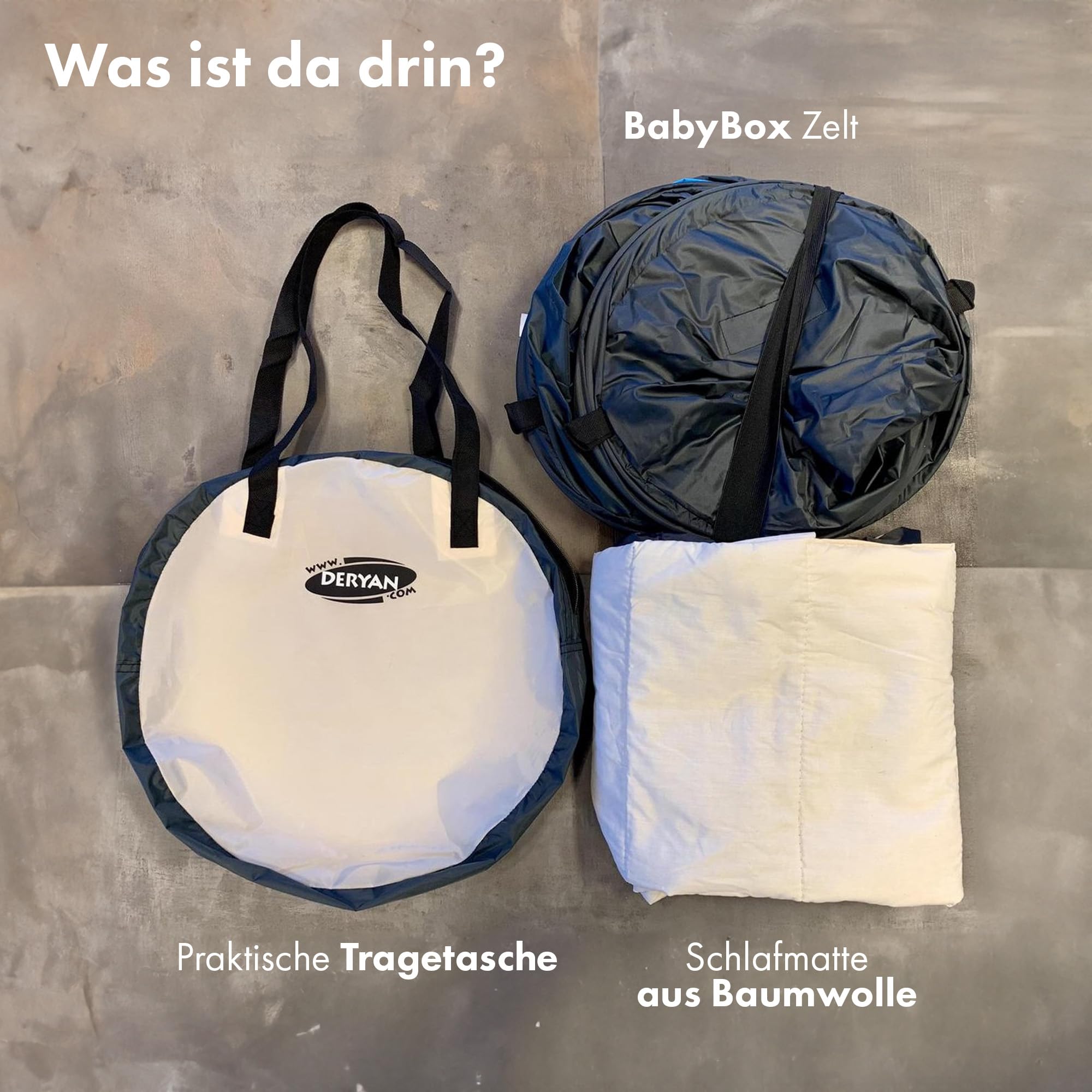 Deryan BabyBox Campingbett - Leicht, Kompakt und Faltbar -Aufgeklappt in nur 2 Sekunden -50% UV-Schutz - flammhemmendes Gewebe - Inklusiv Schlafmatte, Moskitonetz und Tragetasche - Creme