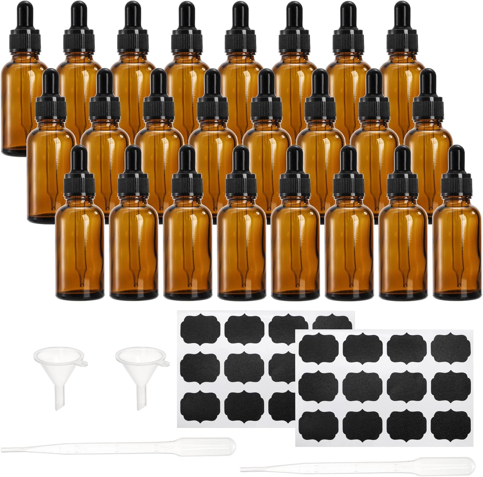 Lawei 24 x 30ml Amber Glass Bottles with Glass Eye Dropper Pipettes Dropper Bottles Small Sample Bottle Refillable for Essential Oils Perfumes Chemistry Lab