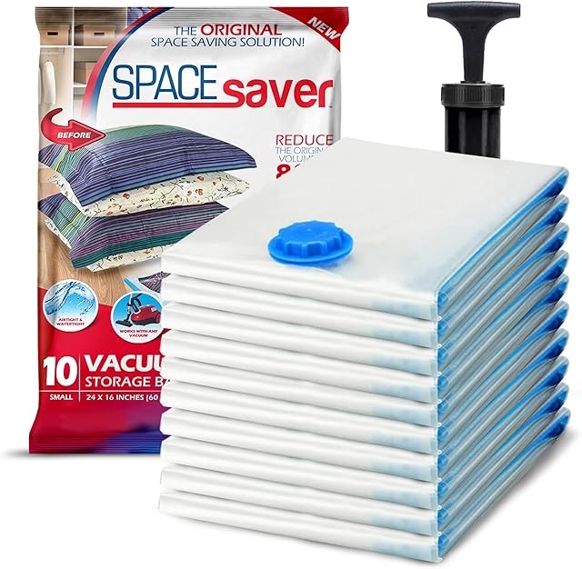 Spacesaver Premium Vacuum Storage Bags. 80% More Storage! Hand-Pump for Travel! Double-Zip Seal and Triple Seal Turbo-Valve for Max Space Saving! (Small 10 pack)