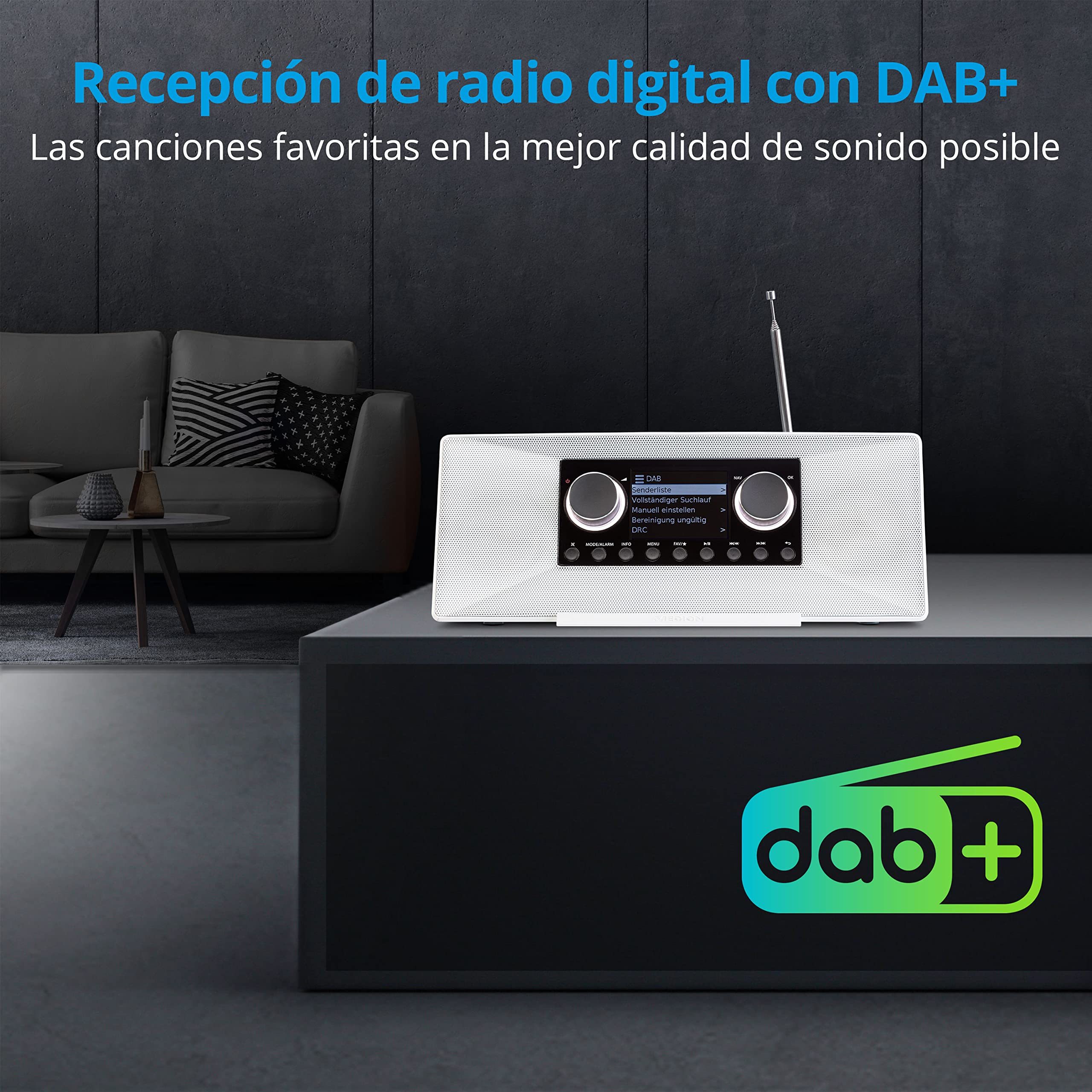 MEDION P85333 Radio por Internet con Dab+ (WiFi, FM, Spotify Connect, Amazon Music, USB, Toma de Auriculares, AUX, Stereo Line-out Cinch, Temporizador de sueño) Blanco