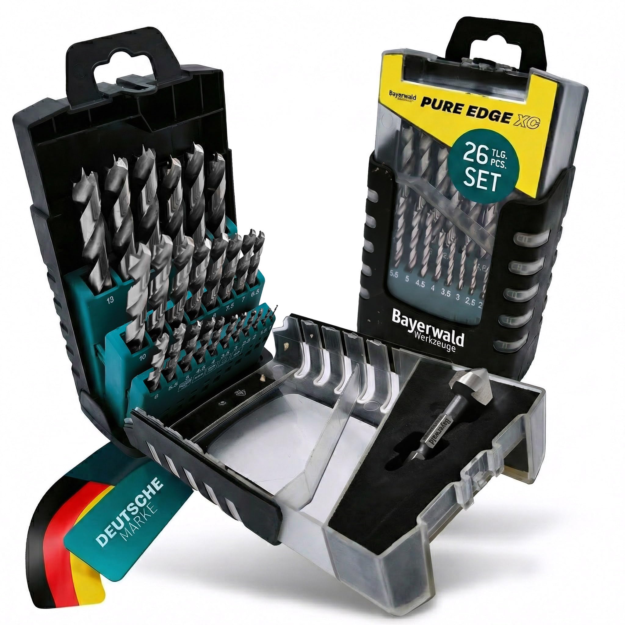 Set di punte per trapano HSS Pure Edge XC, 26 pezzi, 1 – 13 mm Bayerwald Tools – Xtra Clean con punta di centraggio Brad Point & svasatore conico – fori senza schegge in legno morbido/duro e materiali