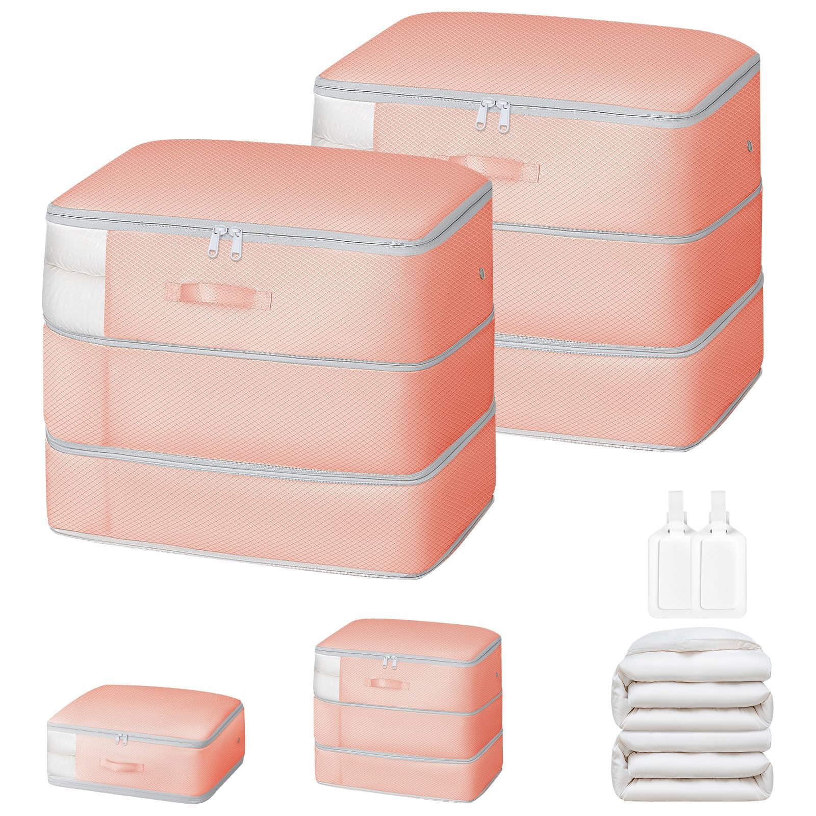 DIMJ Comforter Storage Bag - Large Capacity Blanket Storage Bags 3-Layer Ultra Space Saving Self Compression Organizer, Washable Compression Bags for Storage Comforter Blanket, 2-Pack, Pink
