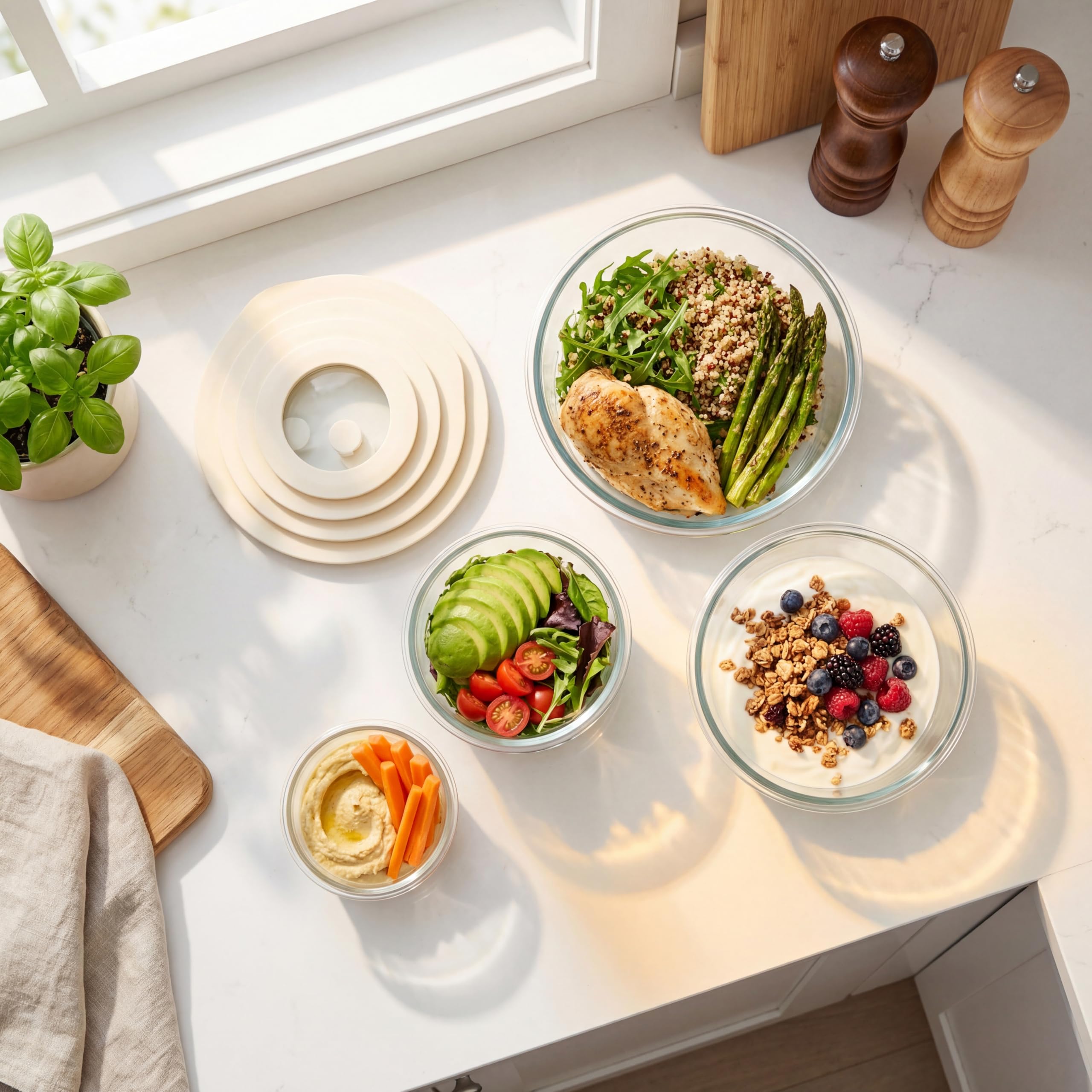 Urban Green Glas-Lebensmittelbehälter-Set mit Glasdeckel, 4 Stück, Meal Prep Container mit Silikonrahmen, luftdichter Deckel, auslaufsicher, 100% plastikfrei