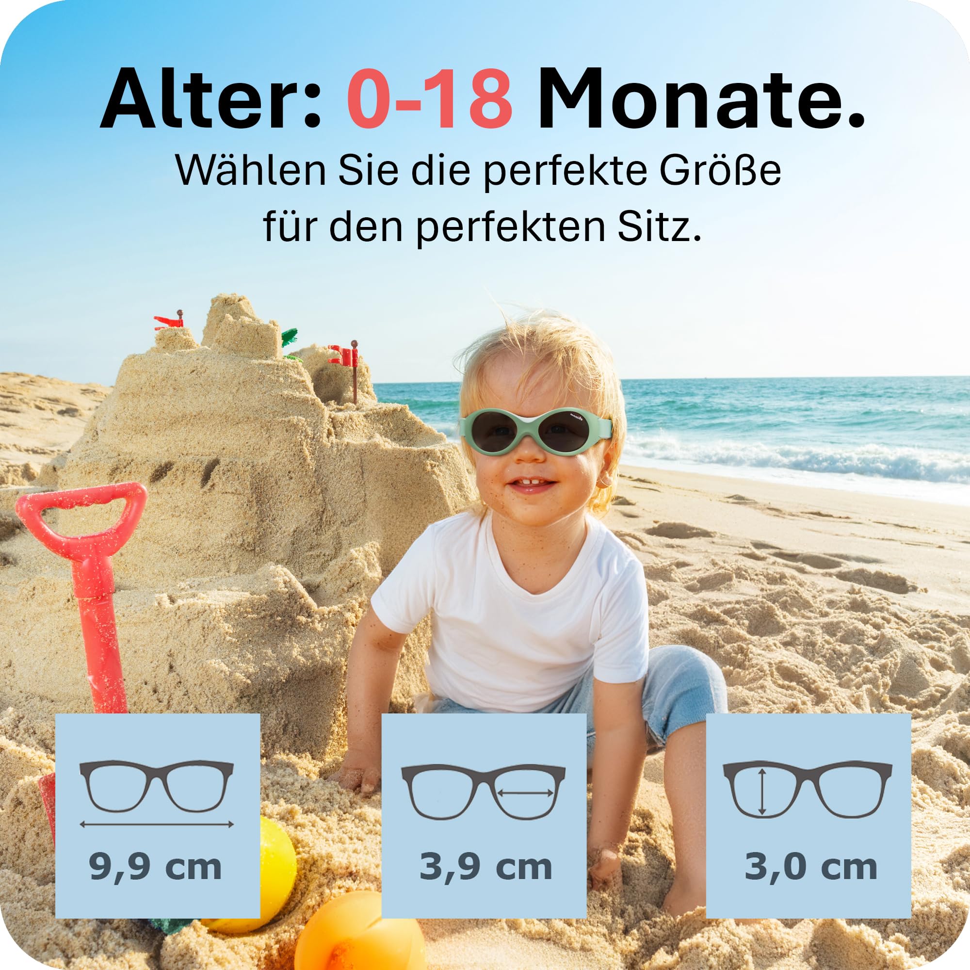Mausito Baby Sonnenbrille 0-18 Monate verstellbares weiches Band & flexibler Rahmen | Vergleichssieger Sonnenbrille Baby 100% UV-Schutz & Schadstofffrei | Europäisches Design, sicherer Halt & robust