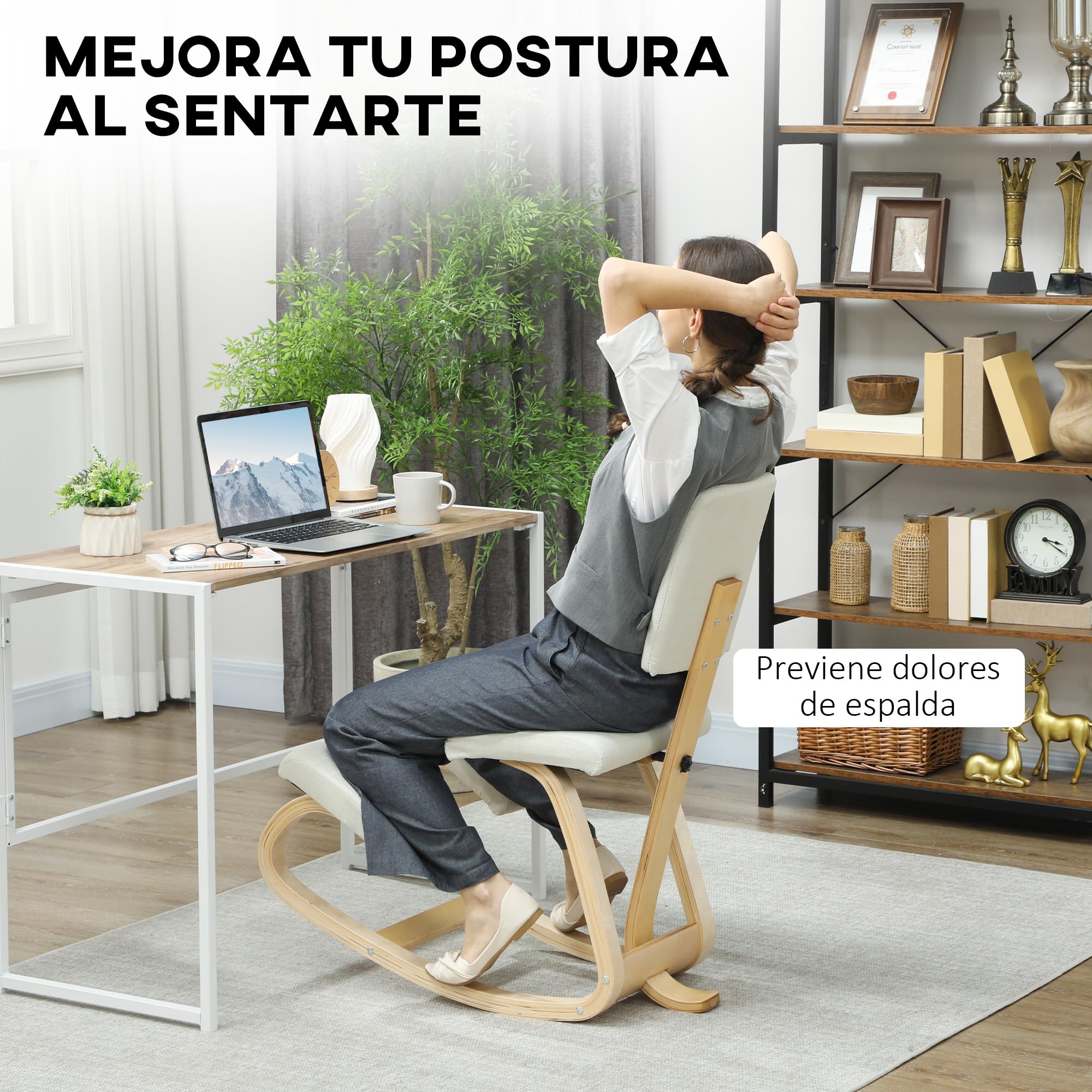 HOMCOM Silla Ergonómica de Rodillas con Respaldo, Silla de Rodillas, Cojines Acolchados, Marco de Madera, para una Mejor Postura, Oficina, Crema