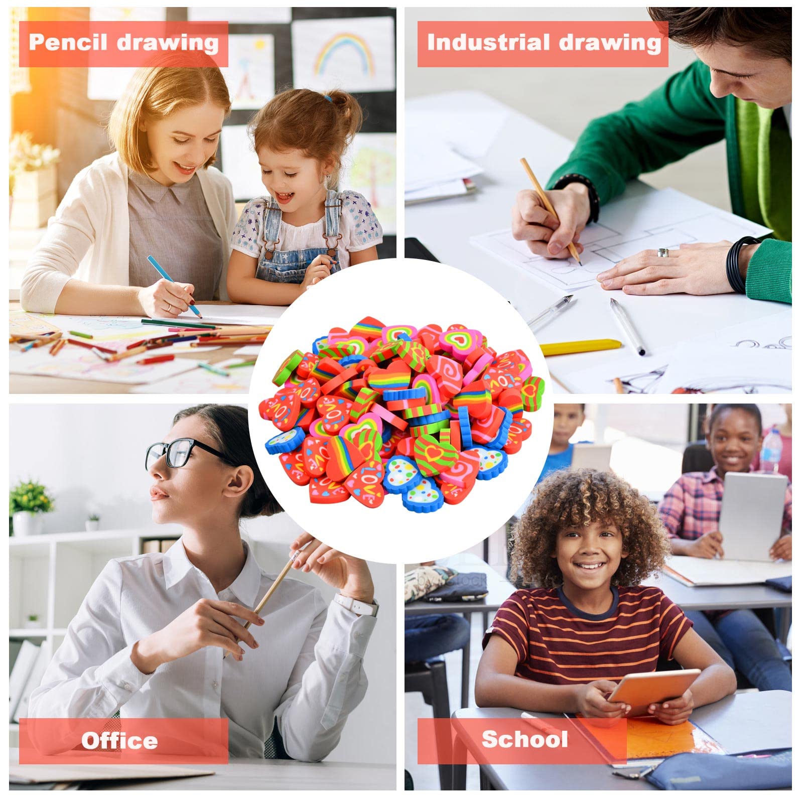 100 Pezzi Gomme da Cancellare per Bambini, a Forma di Amore, Mini Divertenti e Colorate, per Premi Compiti, in Classe, Regali