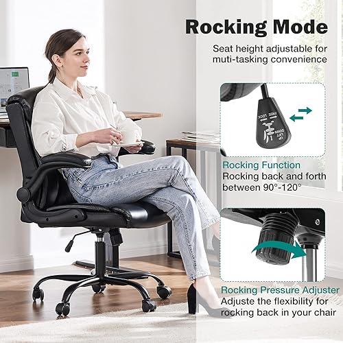 Miniatura 6 de OLIXIS Silla de oficina ejecutiva ergonómica con respaldo medio, altura ajustable con reposabrazos abatible, escritorio de computadora con ruedas,