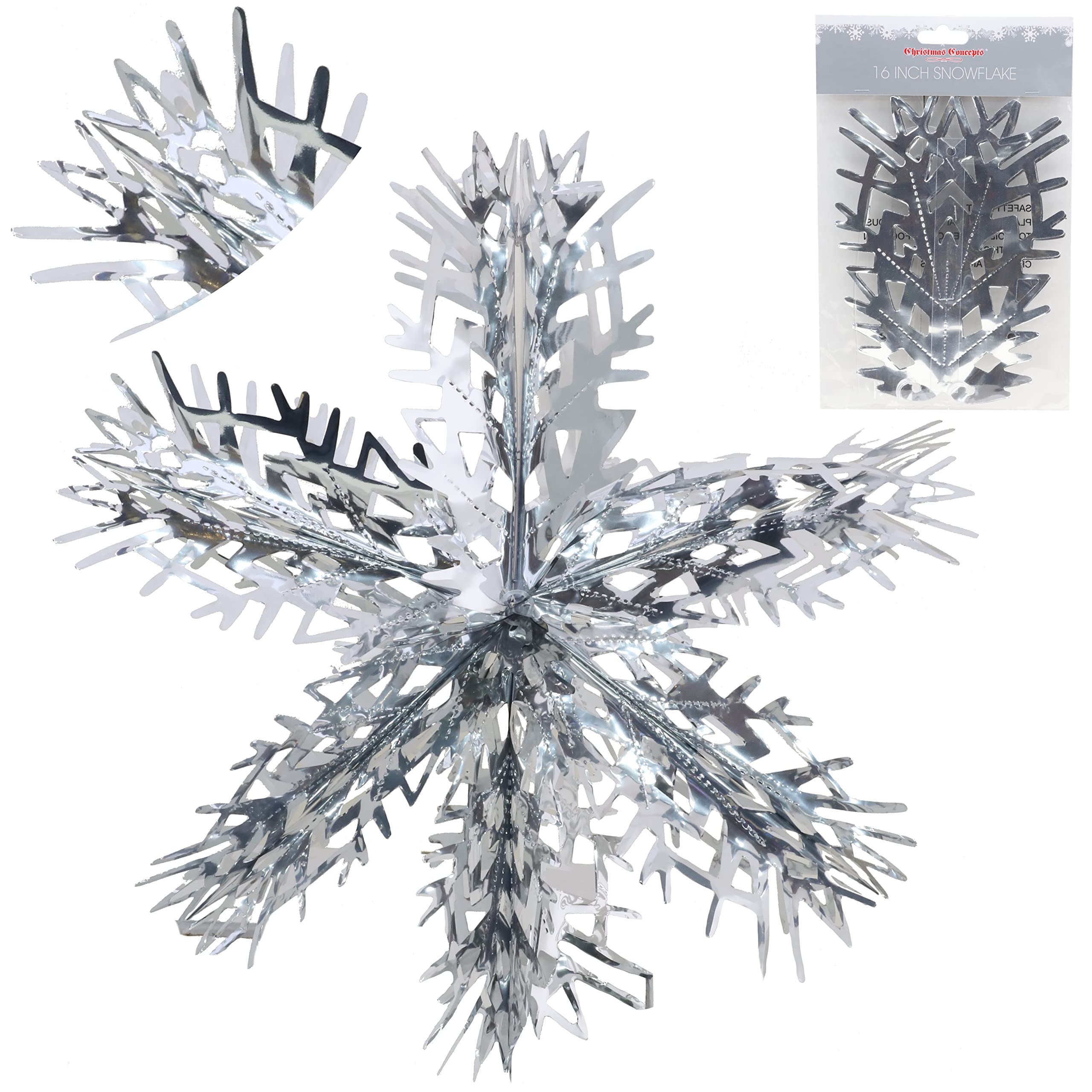 Christmas Concepts® 16” (1.3ft) Large Foil 3D Snowflake Hanging Decoration – Christmas Trimming (Silver)