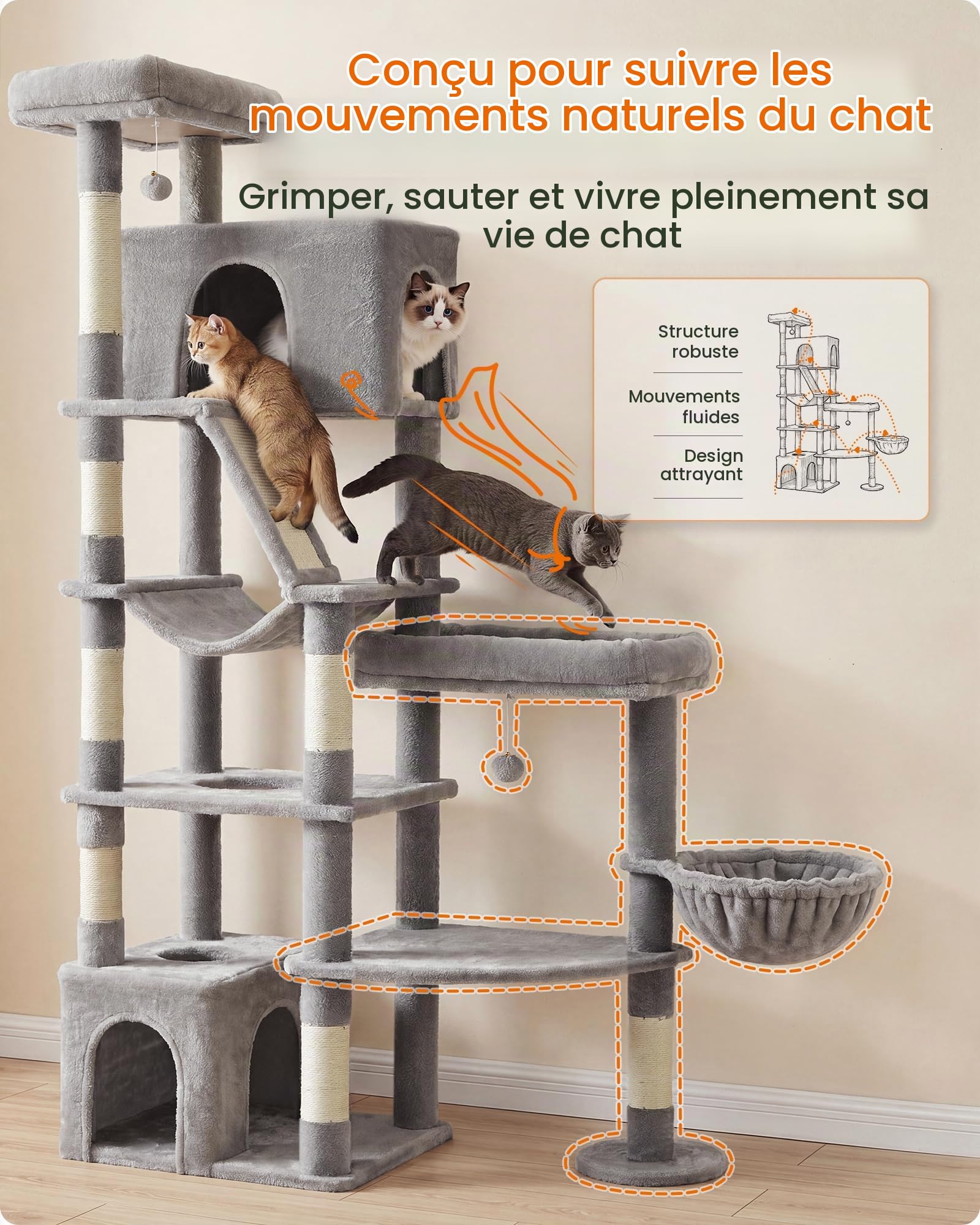Feandrea Grand Arbre à Chat, Multi-Niveaux, 105 x 45 x 188,2 cm