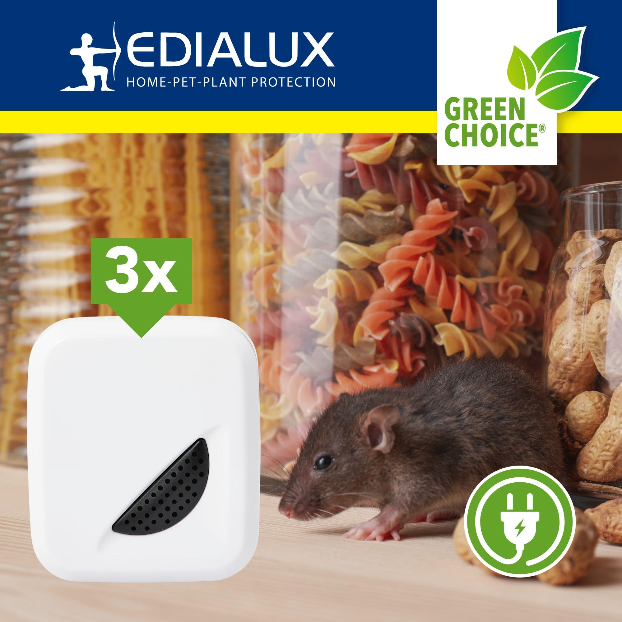 Edialux Répulsif ultrasons Souris et Rats Lot de 3 pour IntéRieur, Ondes sonores Anti rongeurs, Solution sans Danger pour Animaux, Chaque Appareil Couvre 90 m2