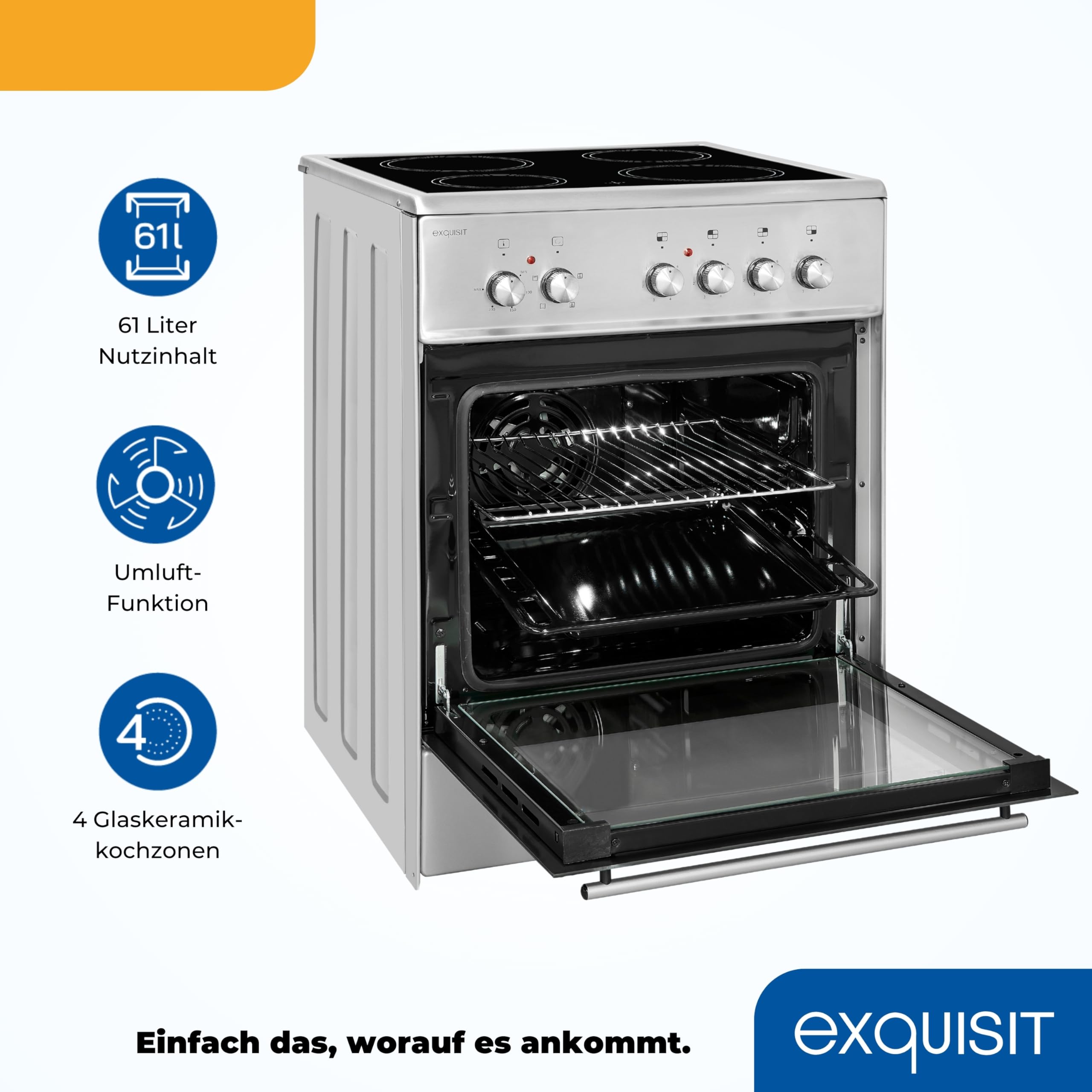 Exquisit Elektro-Standherd ECM 6-4 Inox 60cm Glaskeramik Kochfeld Ober- & Unterhitze Umluft