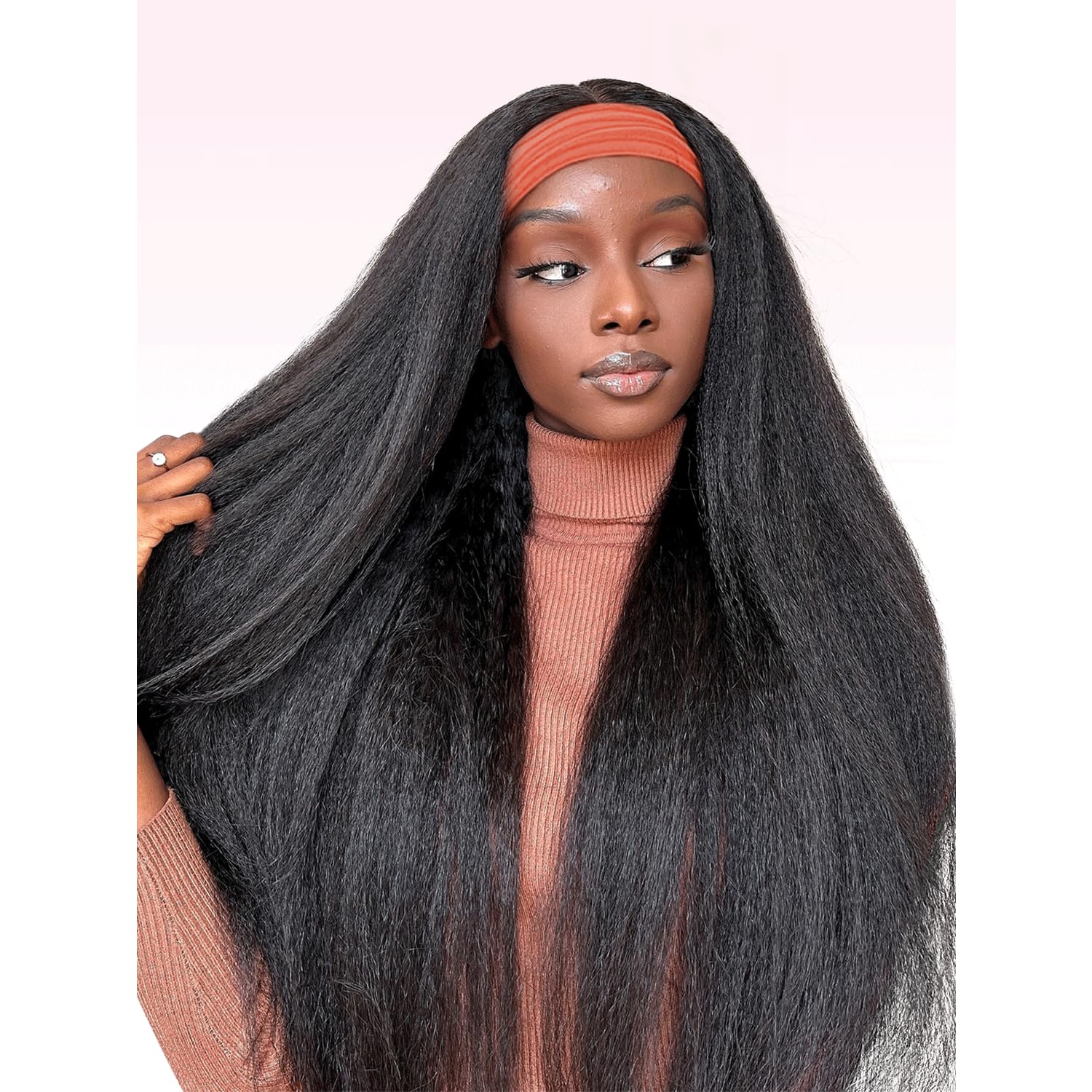 Headband Wig Human Hair 28 Inch Kinky Straight Human Hair Headband Wigs for Black Women 180% Density Wear and Go Glueless Yaki Straight Headband Wig Human Hair Machine Made Natural Black 28in Headband