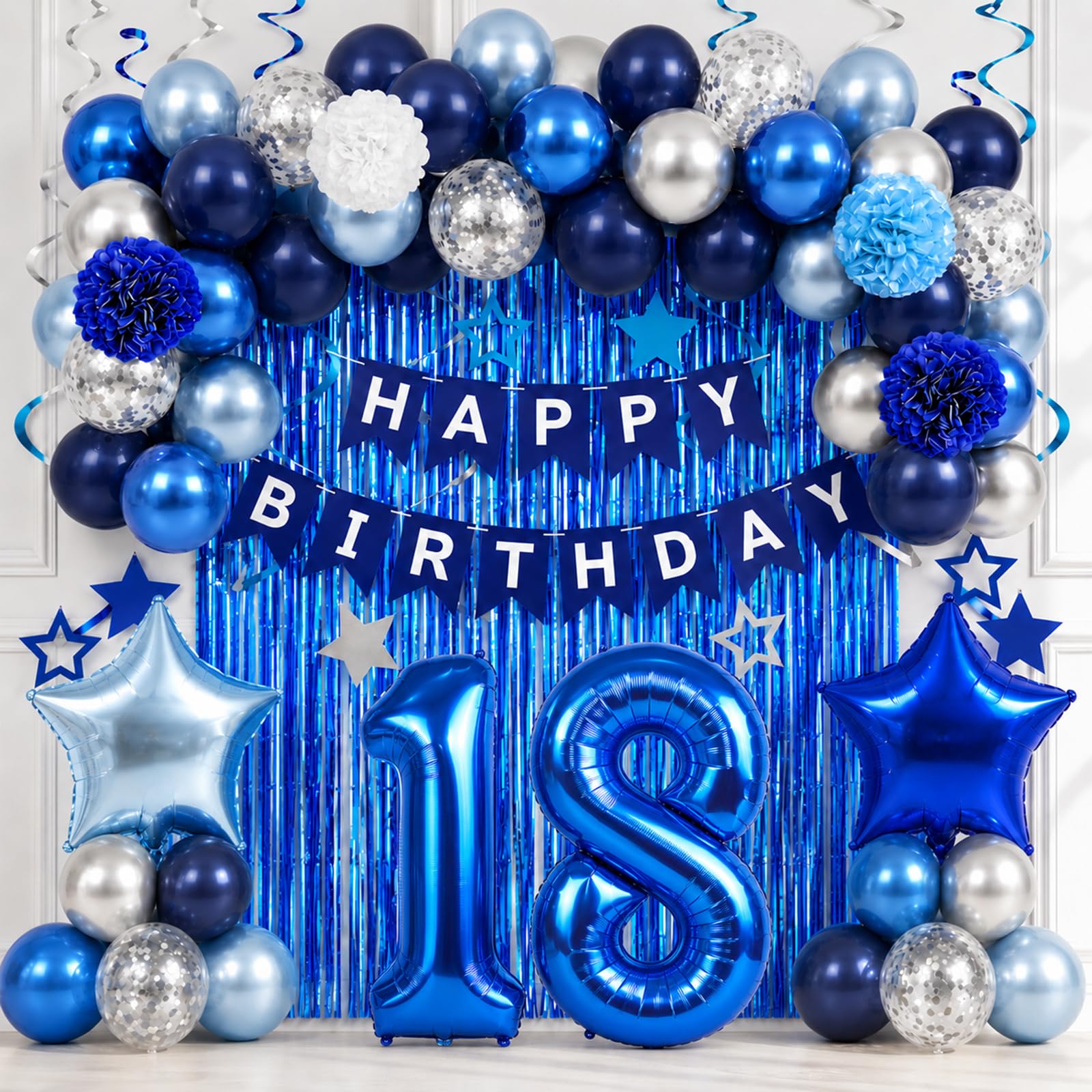 18th Birthday Party Decorations for Boy Girl, Blue Silver Number 18 Balloon
