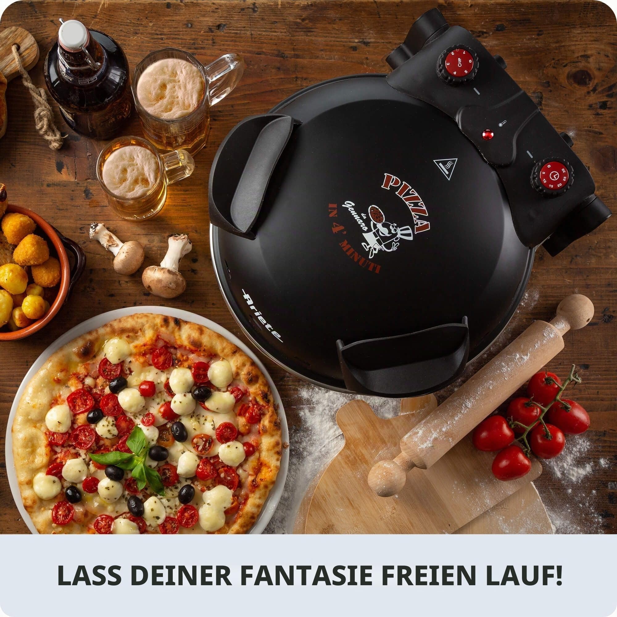 Ariete Pizzaofen 917, 4-Minuten-Pizza, 5 Garstufen, 400°C, 1200W, Schwarz
