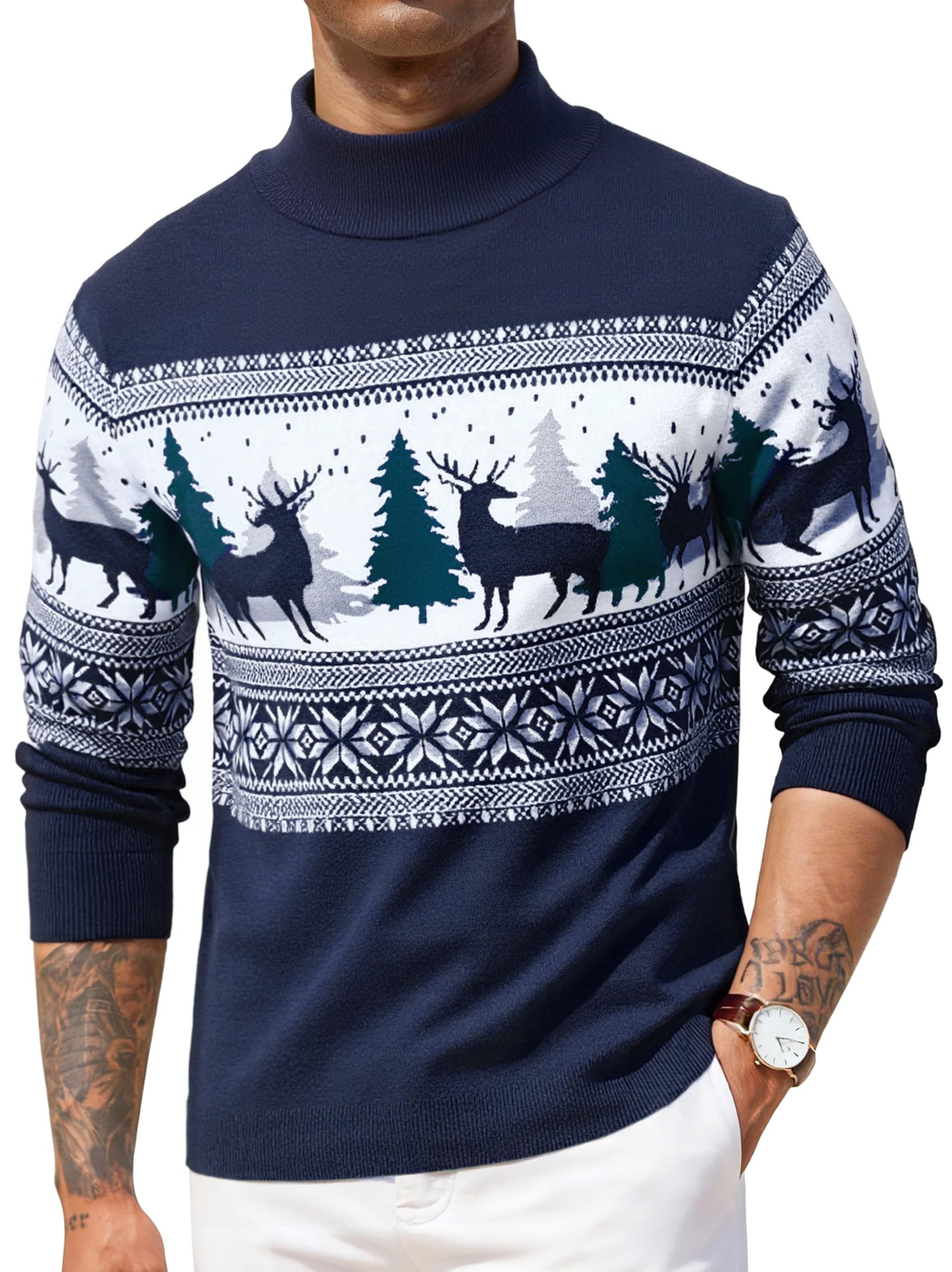 Świąteczny sweter męski z golfem z reniferem, elegancki i ciepły zimowy sweter z dzianiny, zabawny świąteczny sweter na imprezę i czas wolny S-XXL