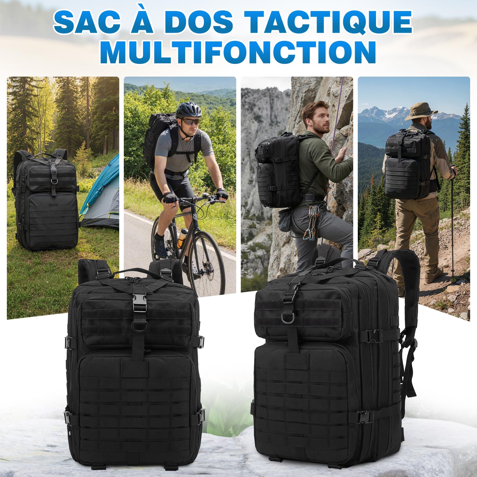 SHANNA Sac à Dos Militaire Tactique 45L de Grand Volume, Sac Multifonction Armée Molle Assaut Pack, Backpack Crossfit Randonnée pour Voyage Trekking Randonnée Camping École Pêche Alpinisme