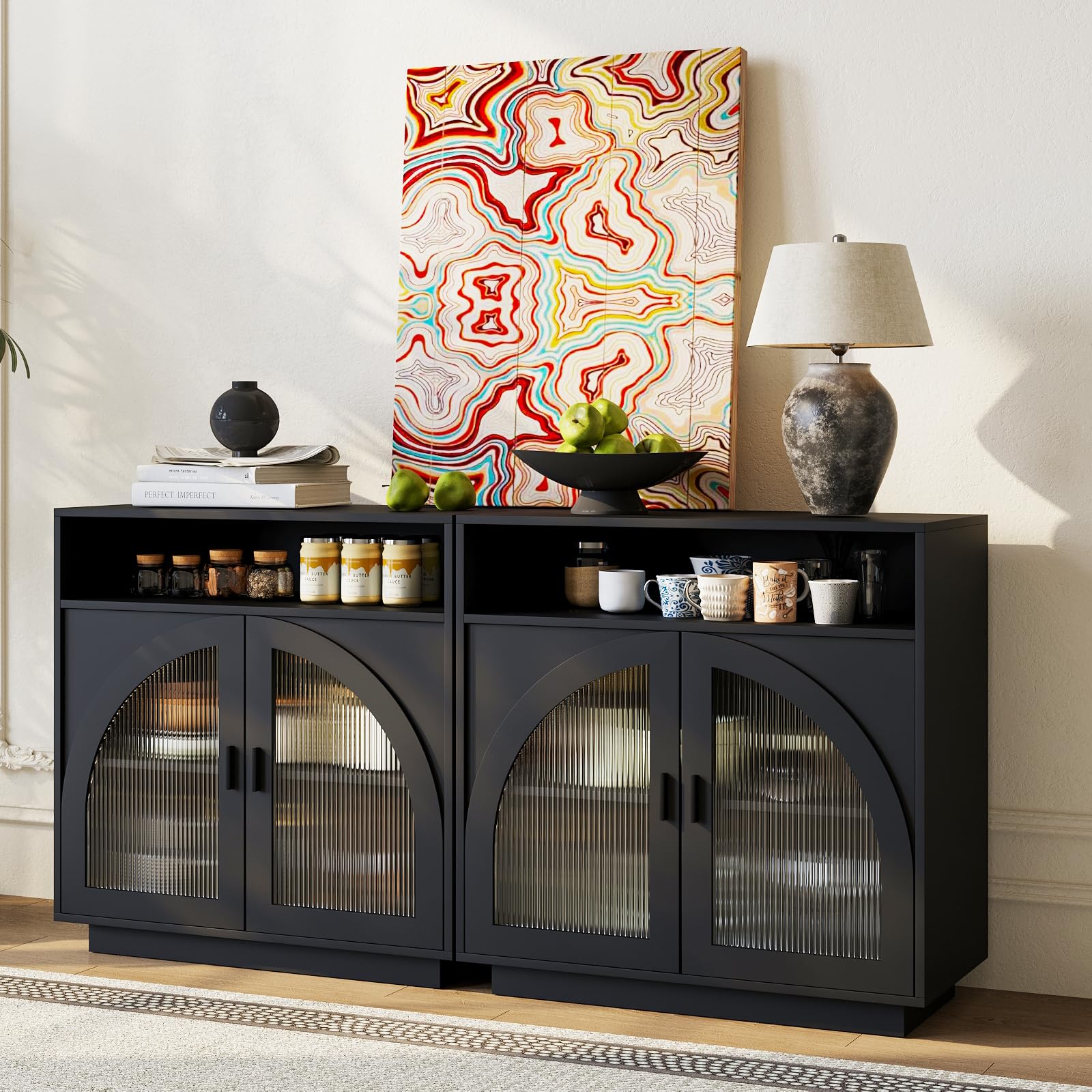 Sideboard Buffet Cabinet with Arched Acrylic Doors &amp; Storage(2, B-Black)