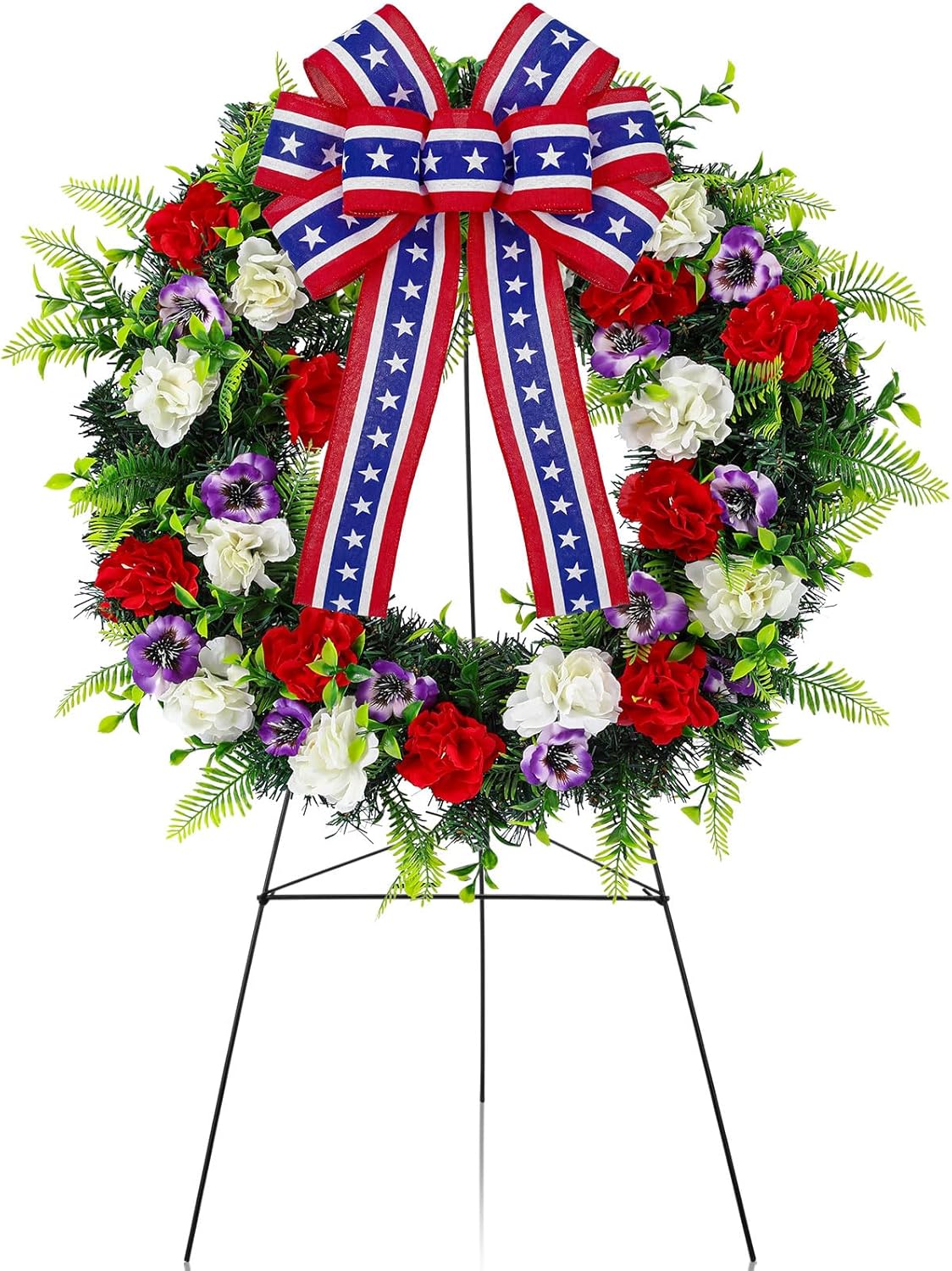 Crowye 2pcs Memorial Day 4th of July Grave Wreaths with Stand Set 23. 62in Cemetery Wreaths 30in Easel Patriotic Gravestone Headstone Independence Day Decor(USA Flag Style)