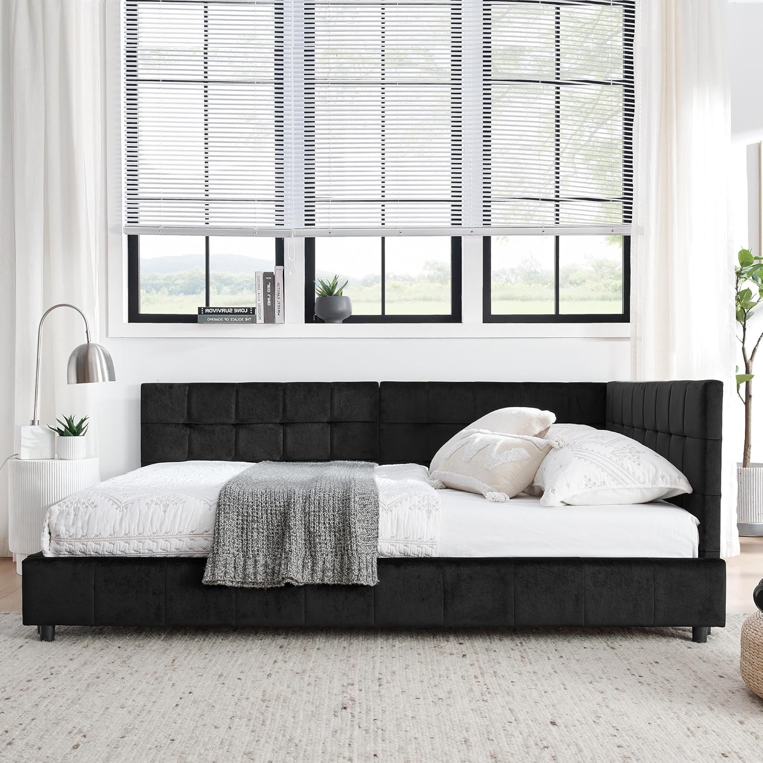 DEINPPA Full L-Shape Corner Bed Frame, Velvet Upholstered Tufted Daybed with Slat, Floor Platform Bed with Soft Headboard for Bedroom Nook, No Box Spring Needed-Black